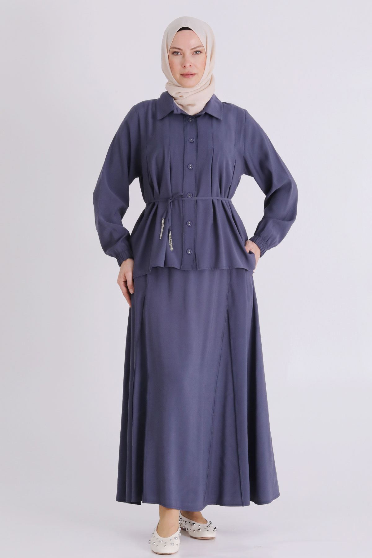 Büyük Beden Tesettür Etekli Takım 3801 Duman Mavi