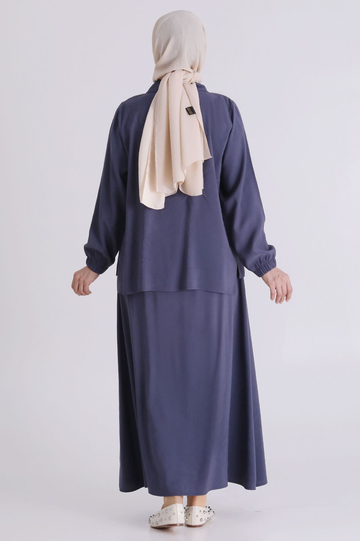 Büyük Beden Tesettür Etekli Takım 3801 Duman Mavi