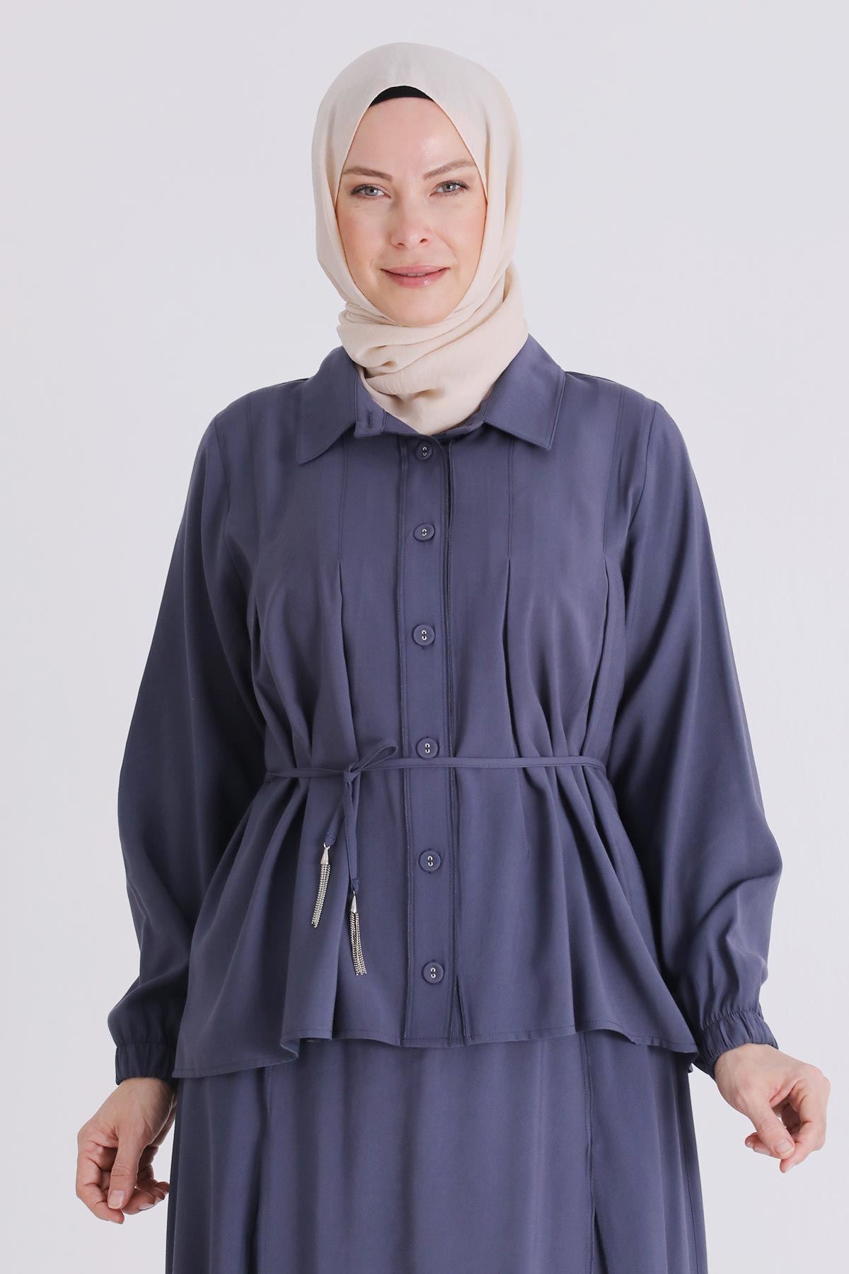 Büyük Beden Tesettür Etekli Takım 3801 Duman Mavi