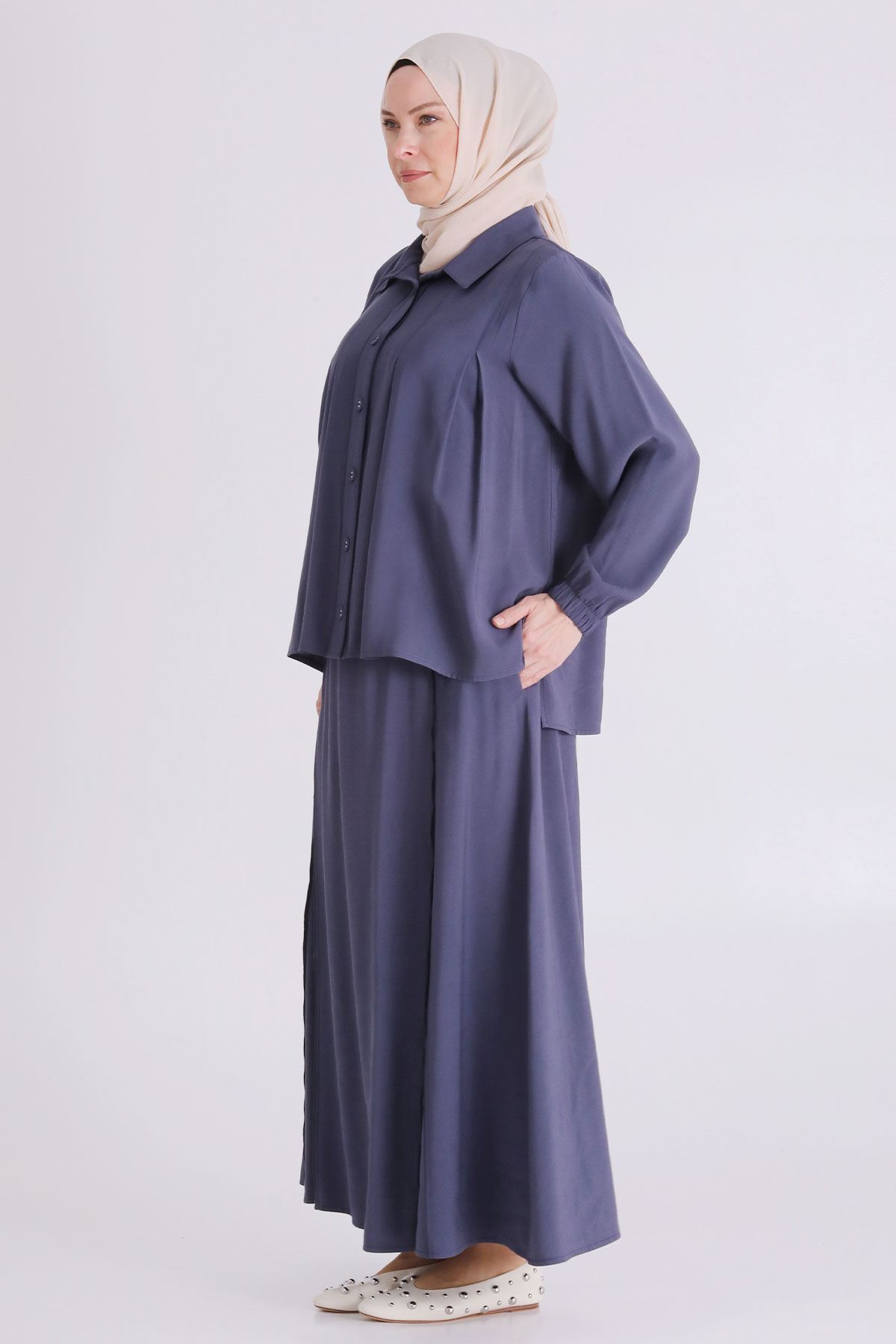 Büyük Beden Tesettür Etekli Takım 3801 Duman Mavi