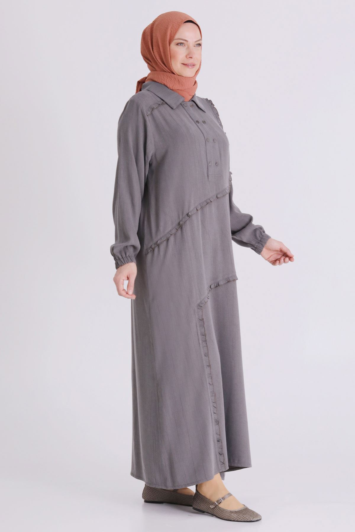 Büyük Beden Tesettür Elbise 7524 Duman Gri