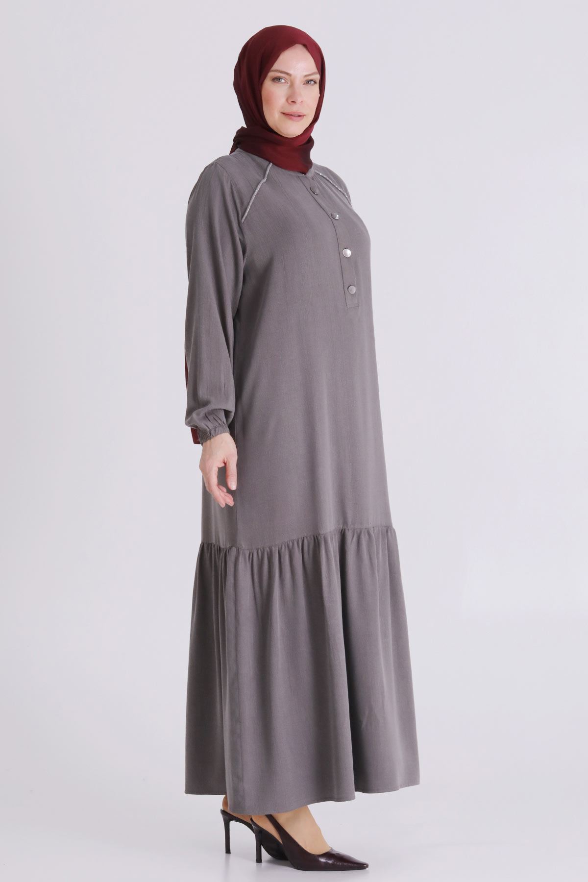 Büyük Beden Tesettür Elbise 7525 Duman Gri