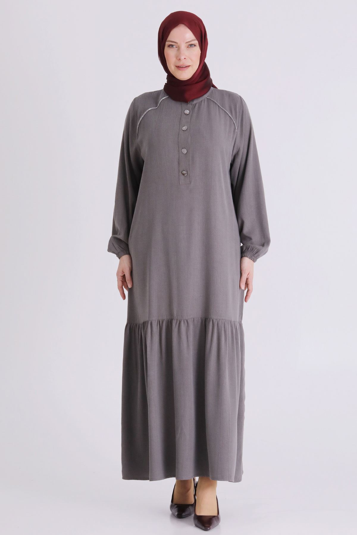 Büyük Beden Tesettür Elbise 7525 Duman Gri