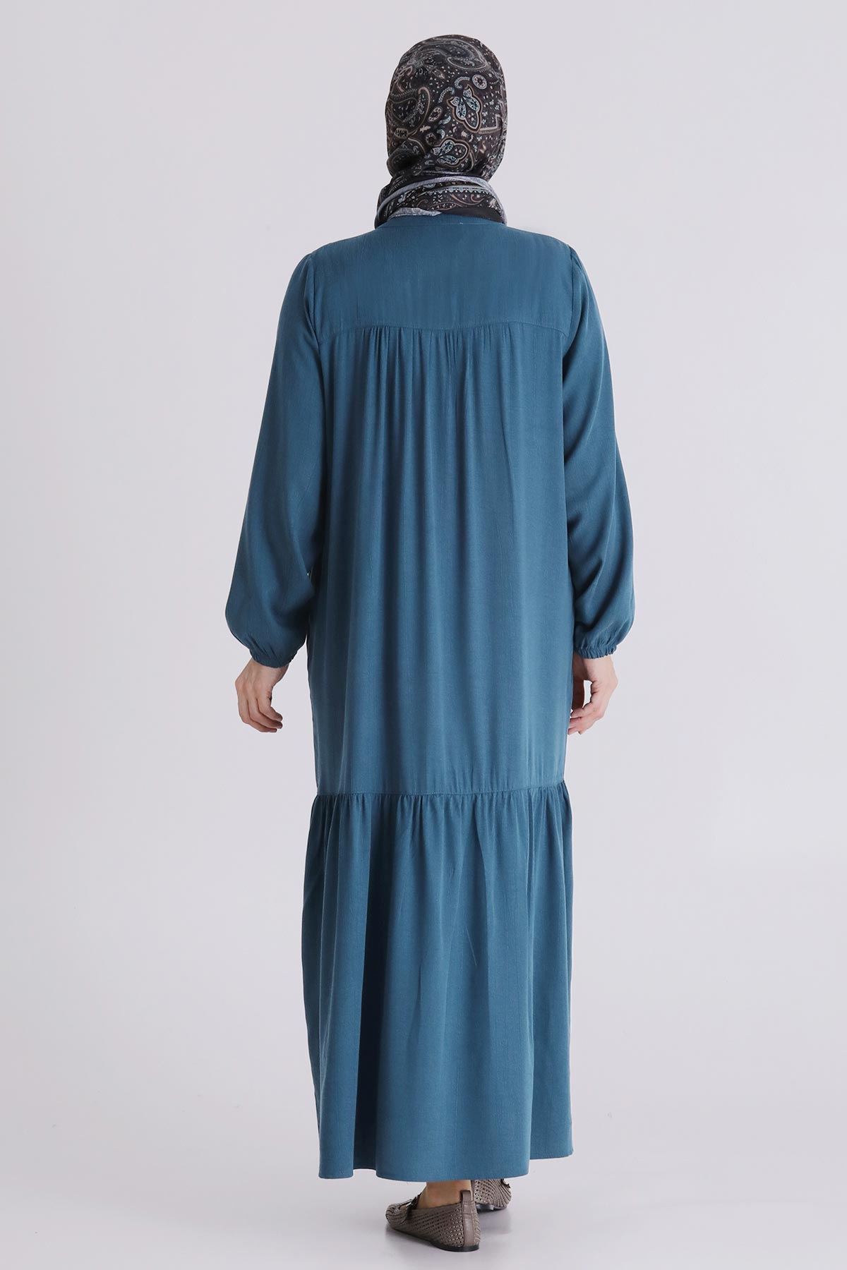 Büyük Beden Tesettür Elbise 7525 Petrol