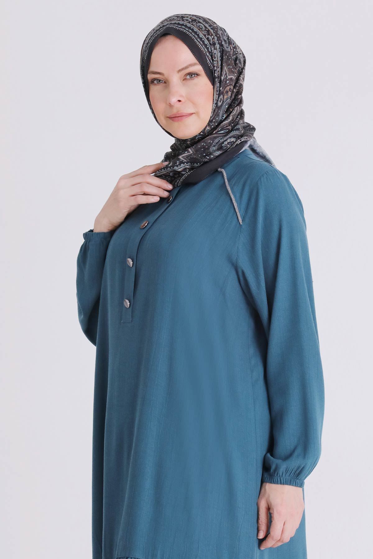 Büyük Beden Tesettür Elbise 7525 Petrol