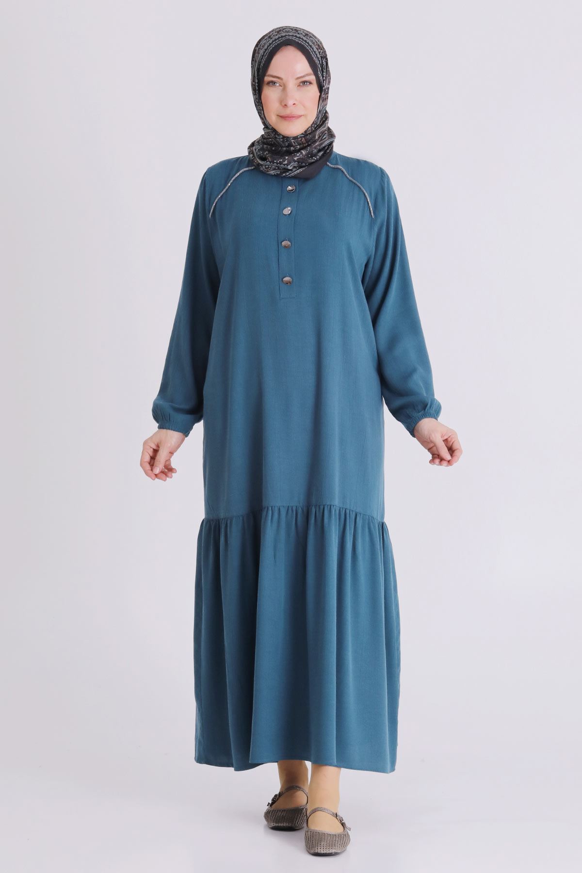 Büyük Beden Tesettür Elbise 7525 Petrol
