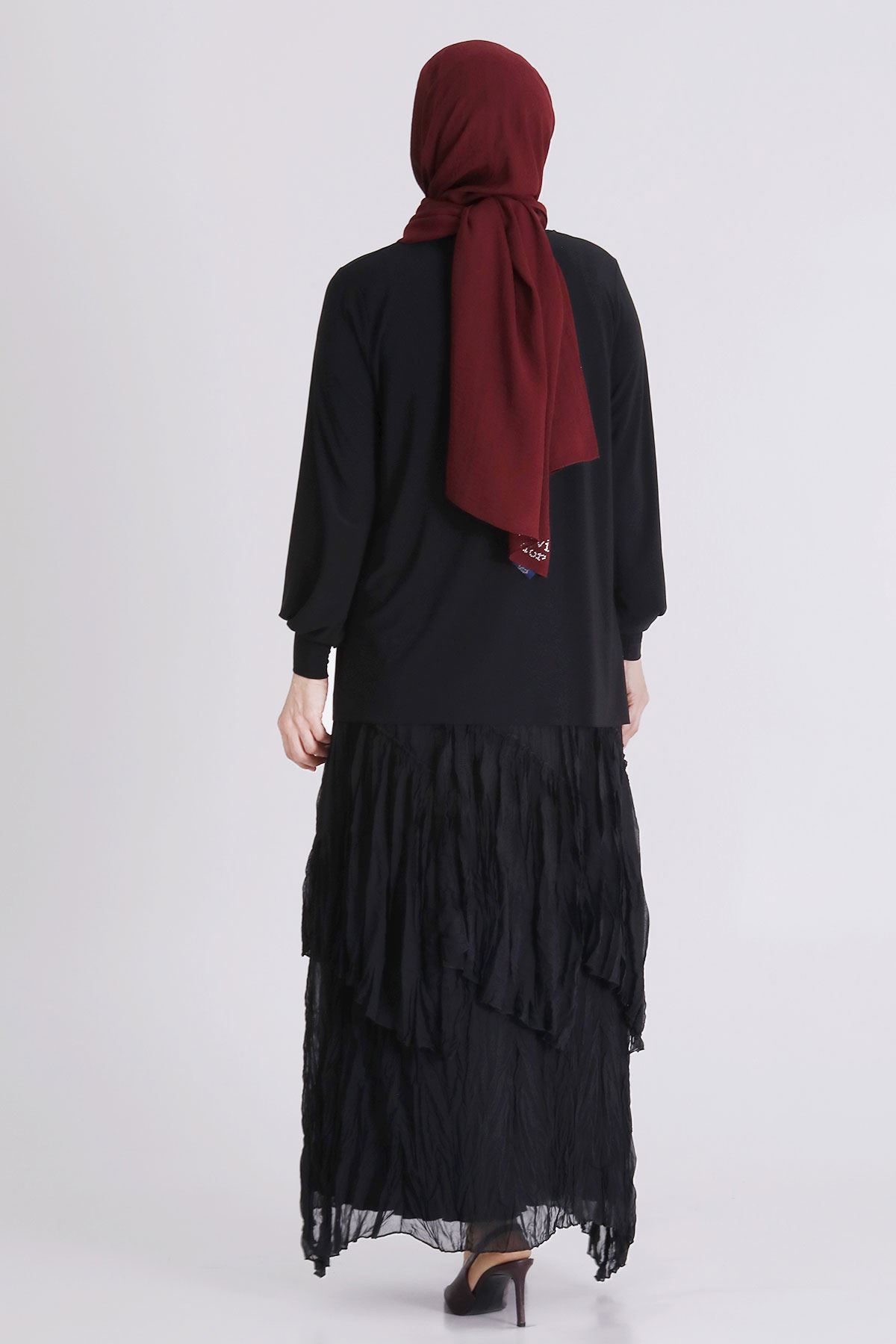 Büyük Beden Tesettür Etekli Takım 3802 Siyah