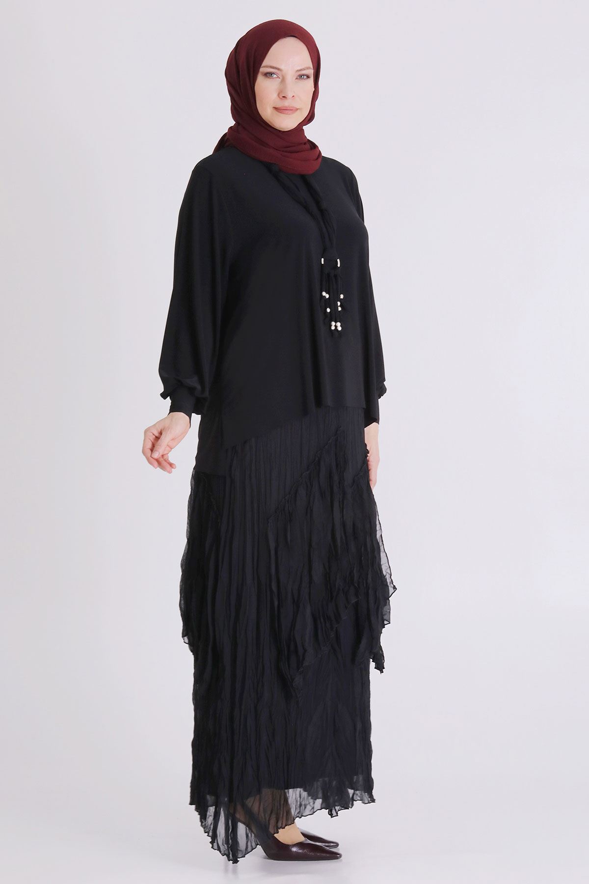 Büyük Beden Tesettür Etekli Takım 3802 Siyah