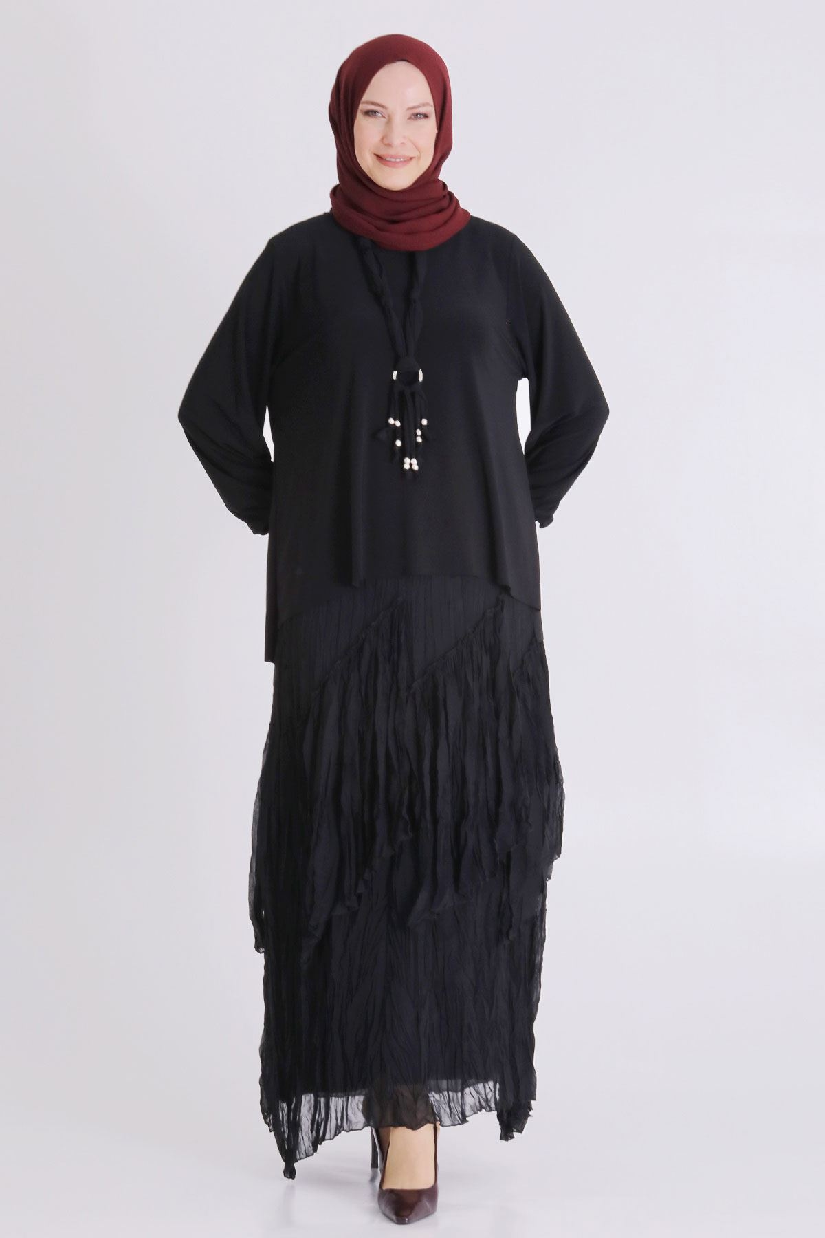 Büyük Beden Tesettür Etekli Takım 3802 Siyah