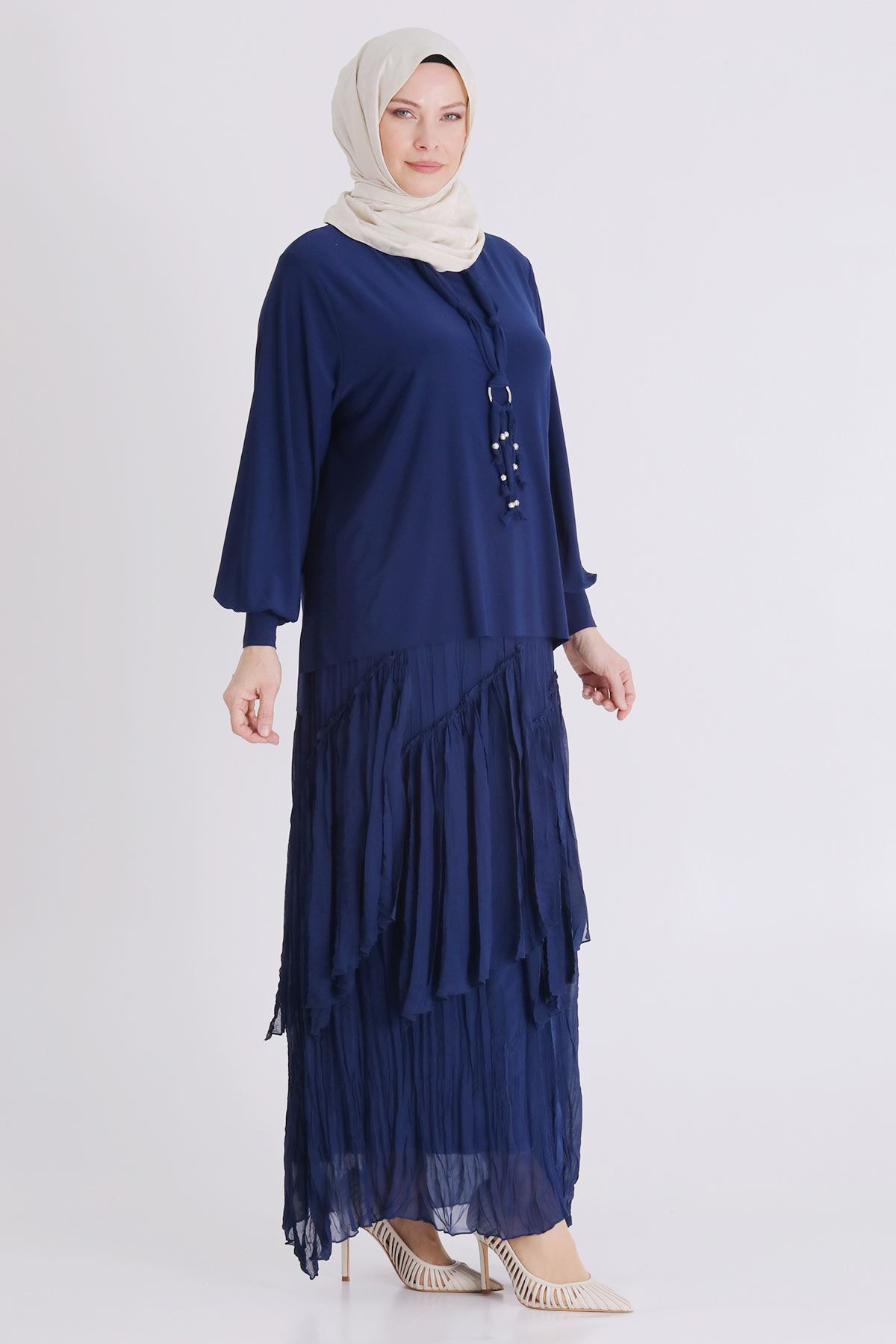 Büyük Beden Tesettür Etekli Takım 3802 İndigo