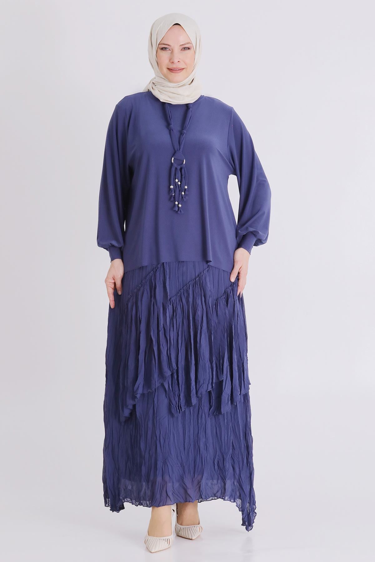 Büyük Beden Tesettür Etekli Takım 3802 Morcivert