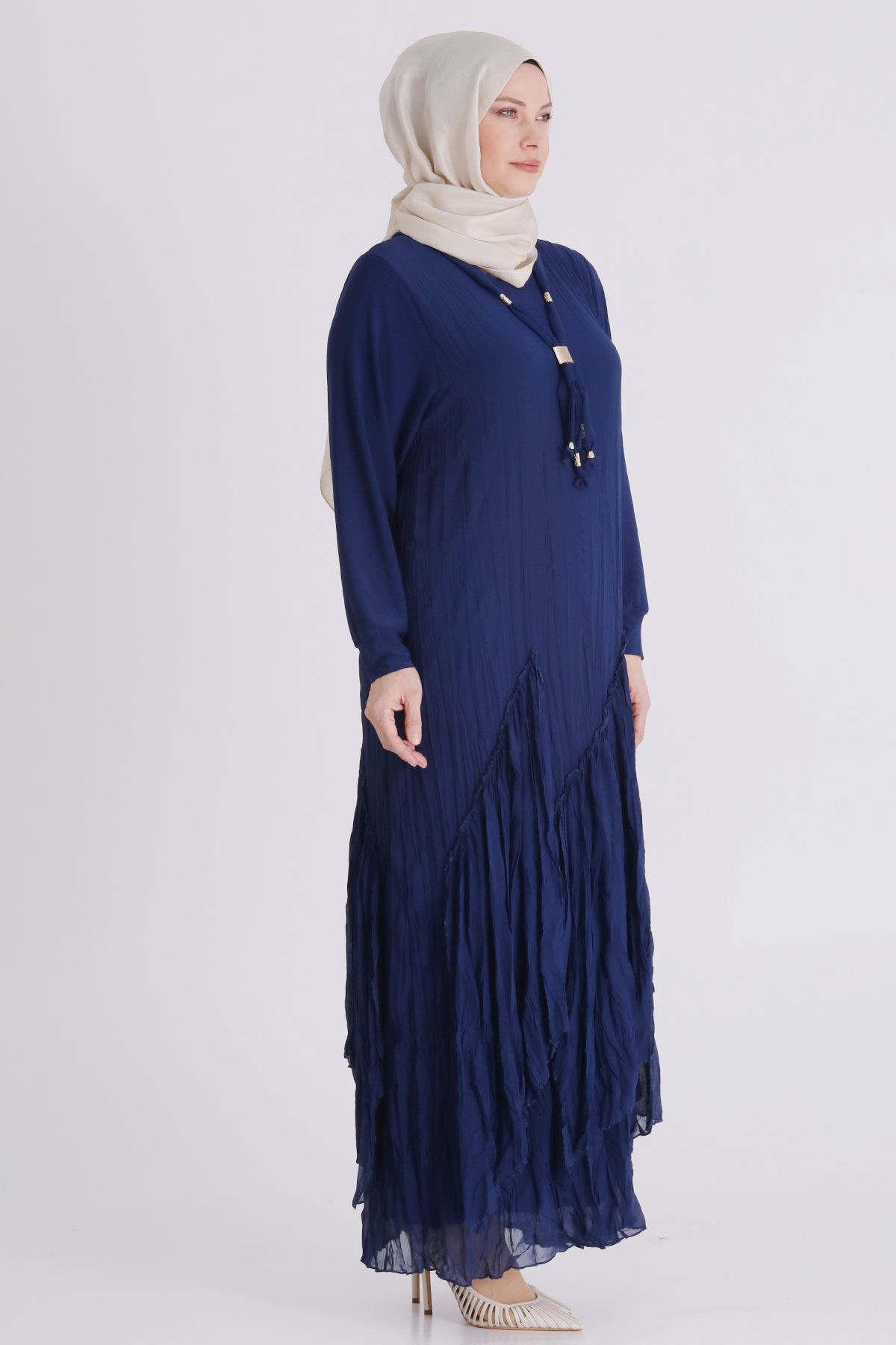 Büyük Beden Tesettür Elbise 7526 İndigo