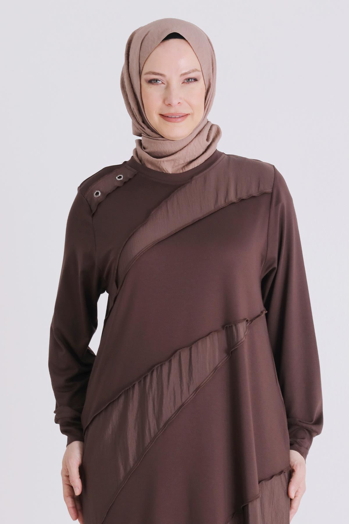 Büyük Beden Tesettür Elbise 7527 Kahve