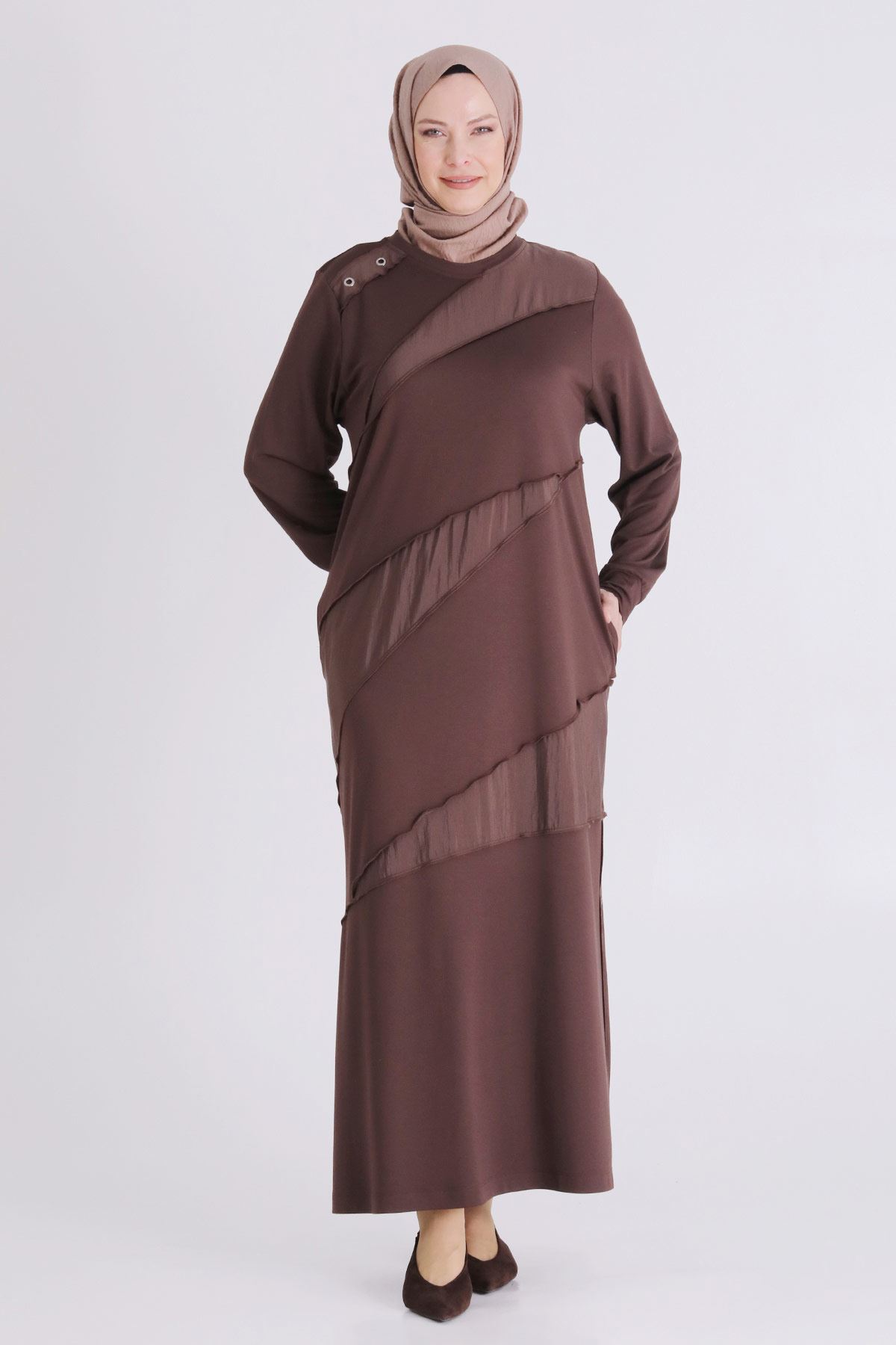 Büyük Beden Tesettür Elbise 7527 Kahve