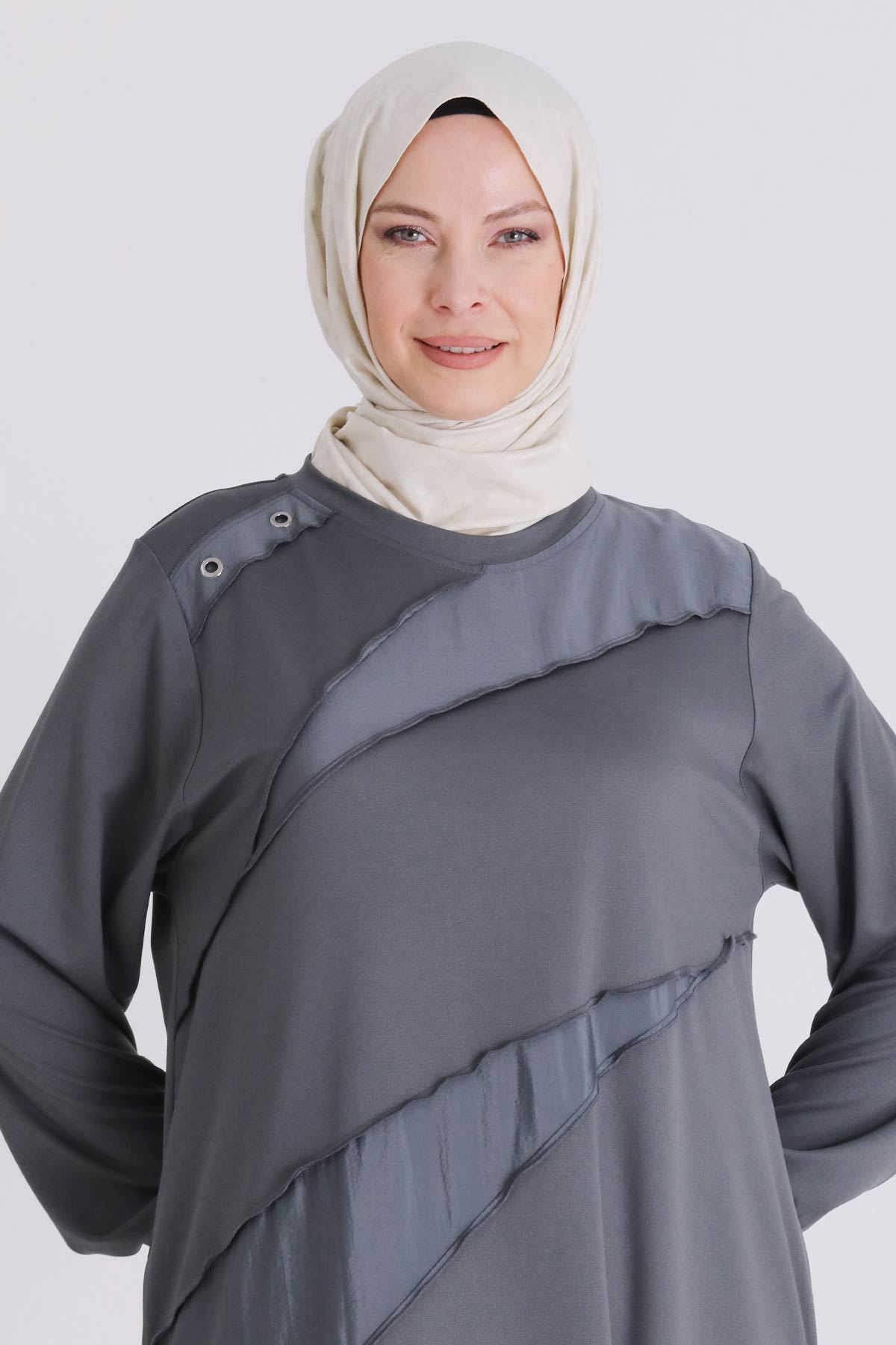 Büyük Beden Tesettür Elbise 7527 Kül Rengi