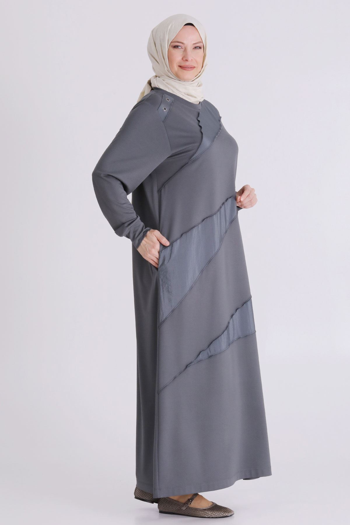 Büyük Beden Tesettür Elbise 7527 Kül Rengi