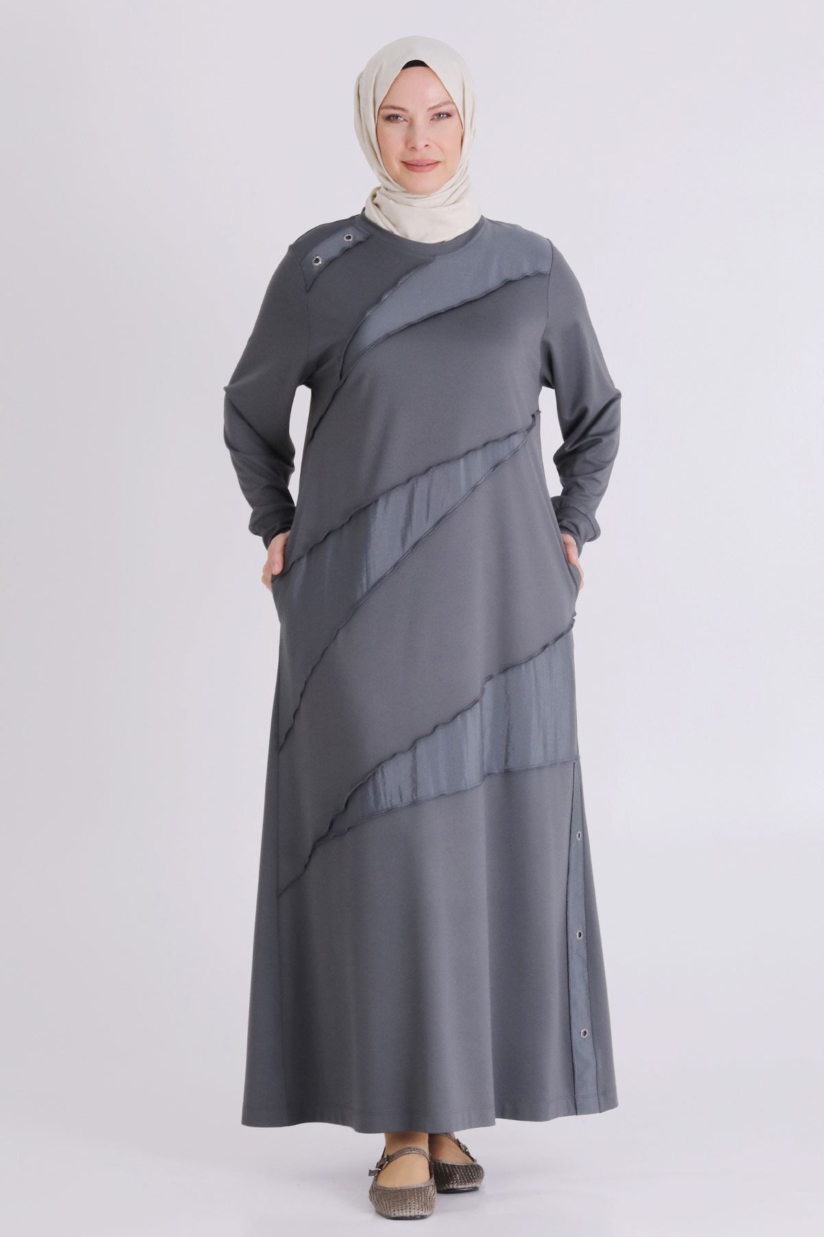 Büyük Beden Tesettür Elbise 7527 Kül Rengi
