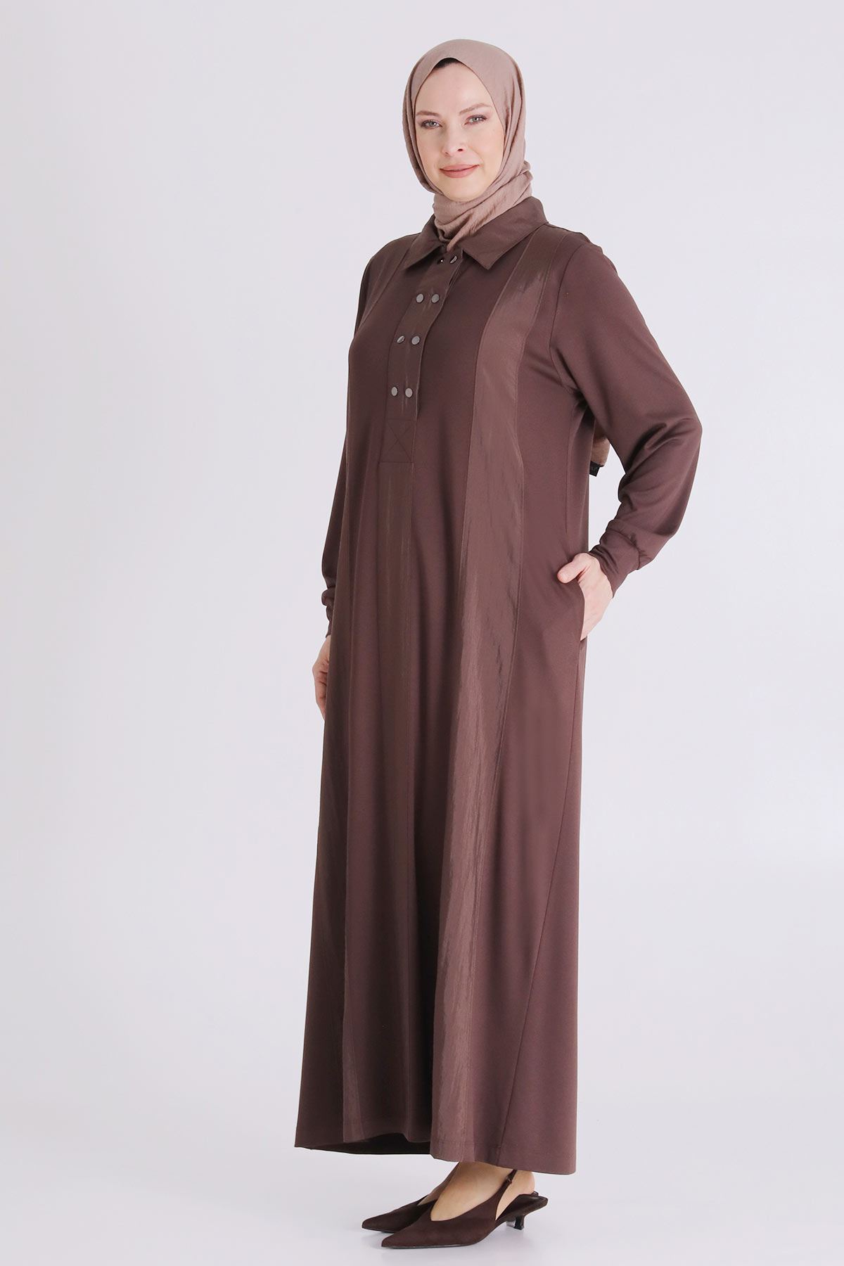 Büyük Beden Tesettür Elbise 7528 Kahve