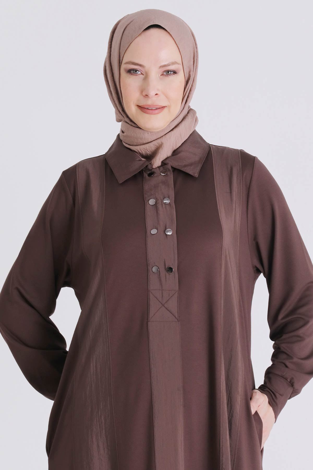 Büyük Beden Tesettür Elbise 7528 Kahve