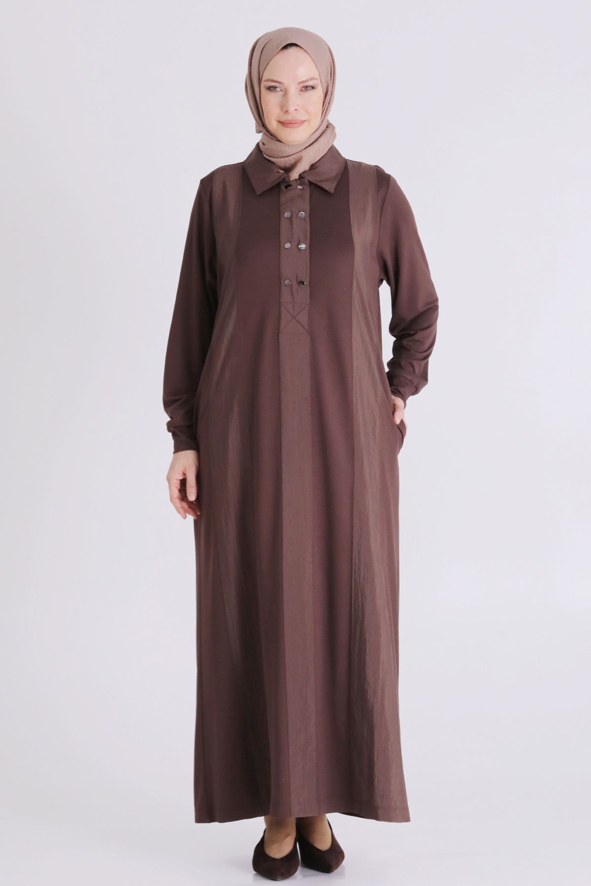 Büyük Beden Tesettür Elbise 7528 Kahve