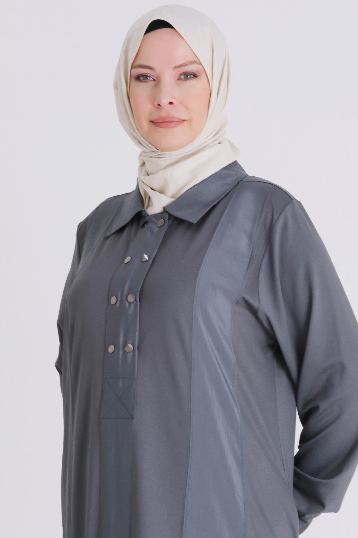 Büyük Beden Tesettür Elbise 7528 Kül Rengi