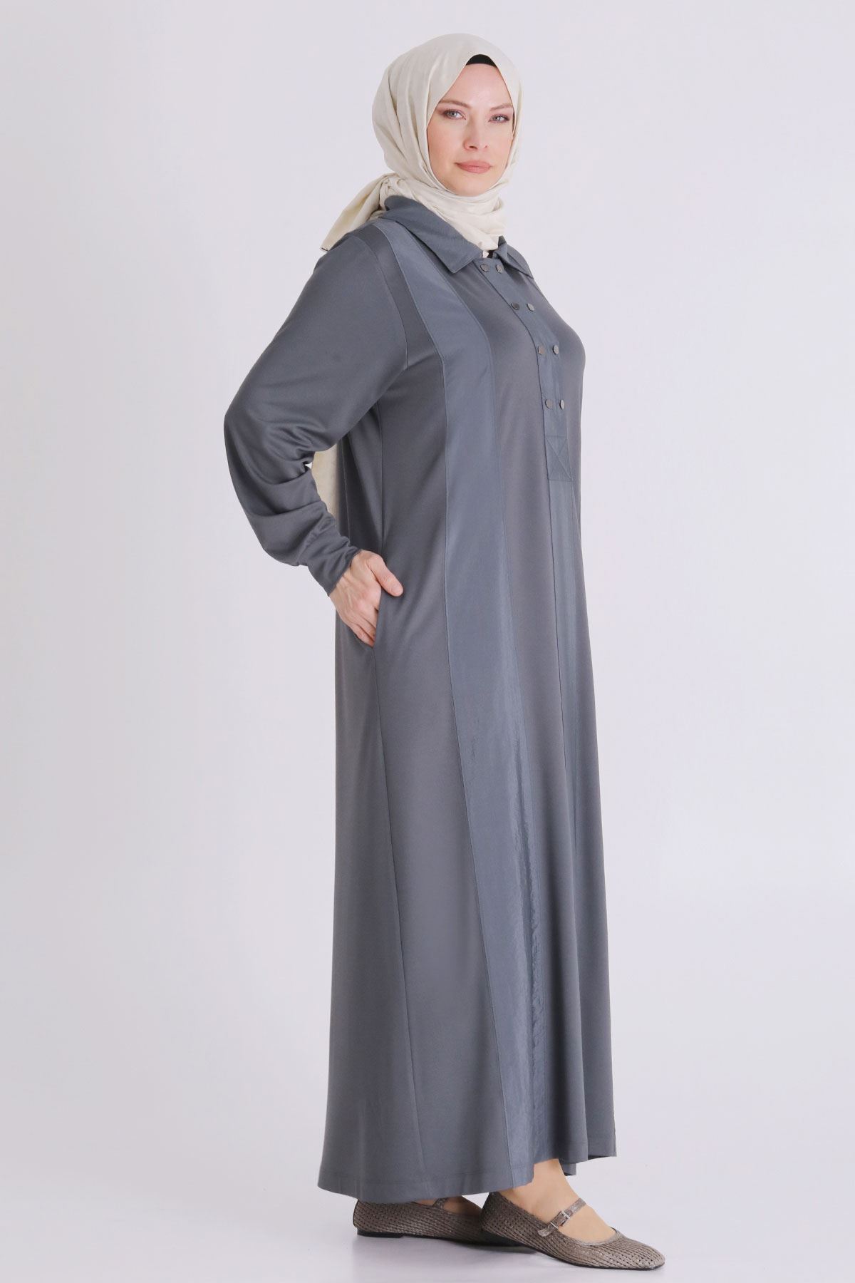 Büyük Beden Tesettür Elbise 7528 Kül Rengi
