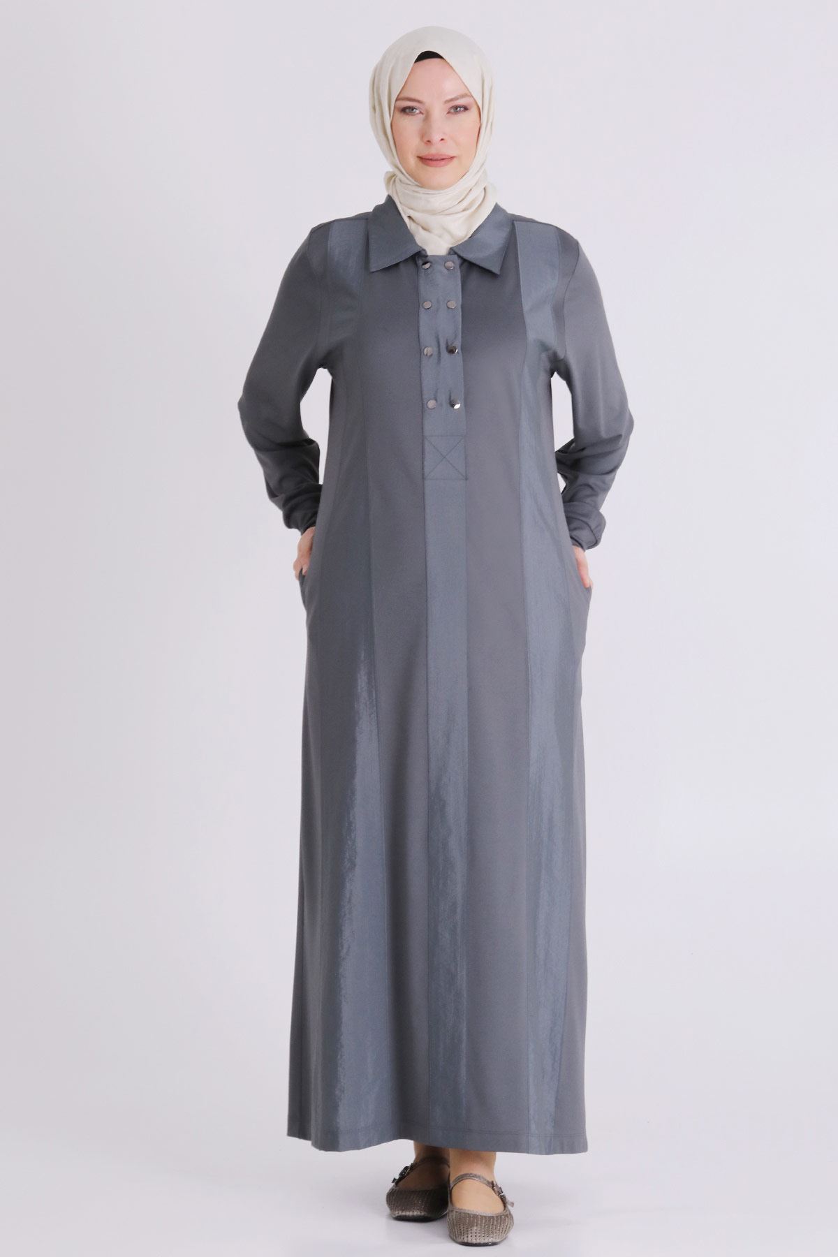 Büyük Beden Tesettür Elbise 7528 Kül Rengi
