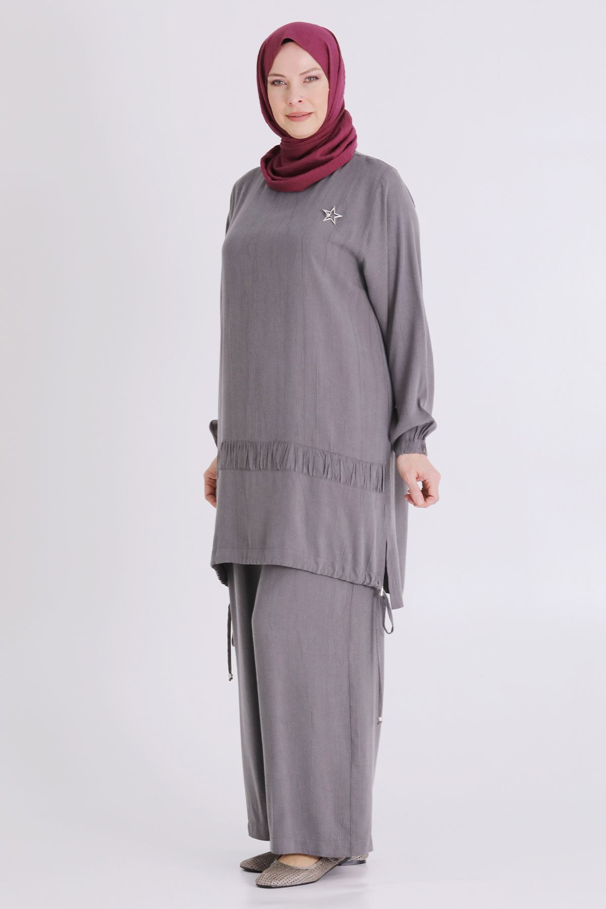 Büyük Beden Tesettür Pantolonlu Takım 3556 Duman Gri