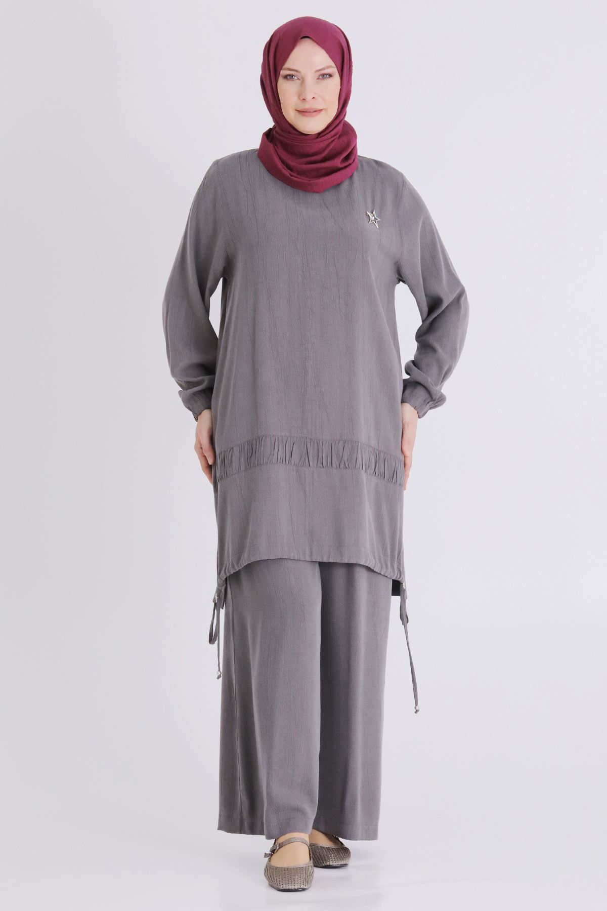 Büyük Beden Tesettür Pantolonlu Takım 3556 Duman Gri