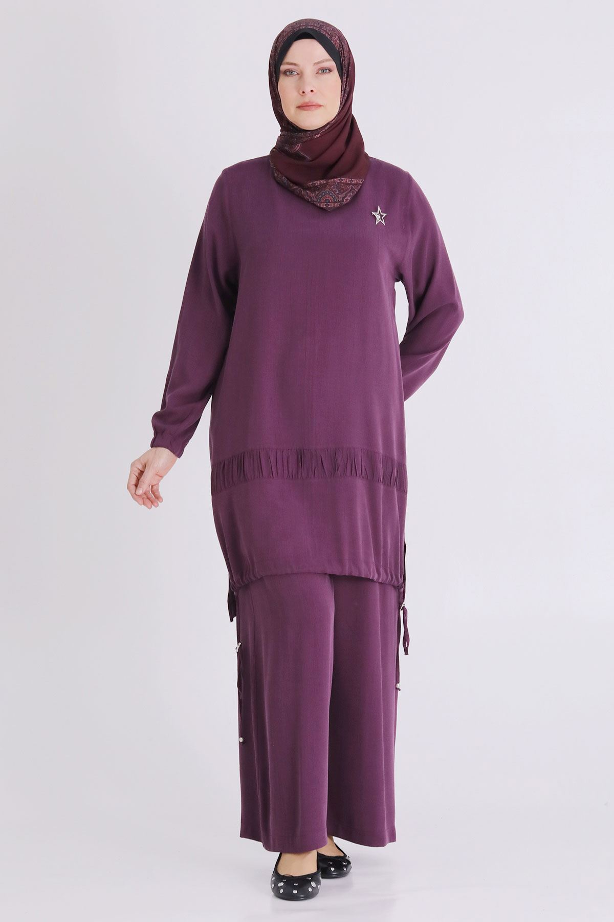 Büyük Beden Tesettür Pantolonlu Takım 3556 Vişne