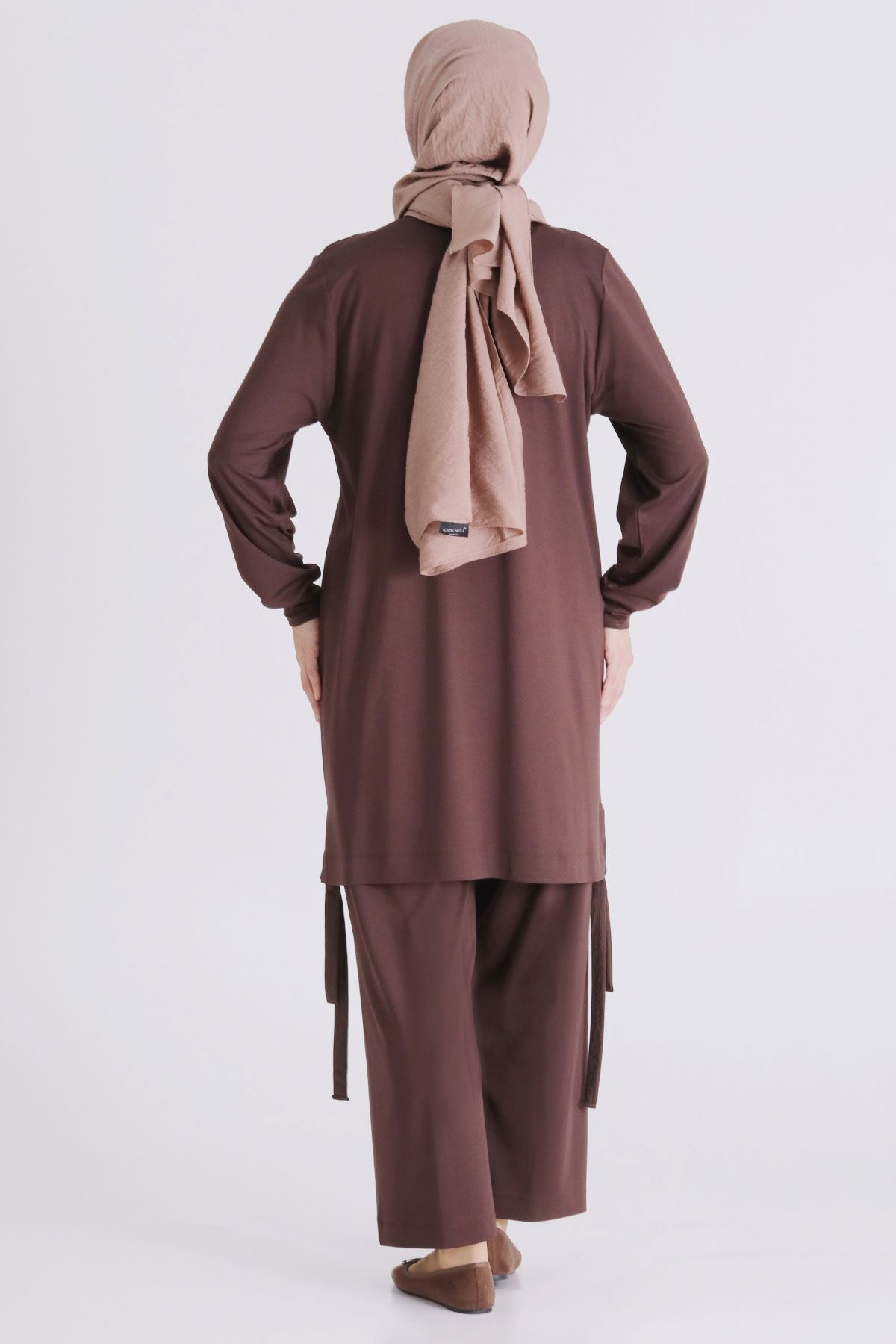 Büyük Beden Tesettür Pantolonlu Takım 3557 Kahve