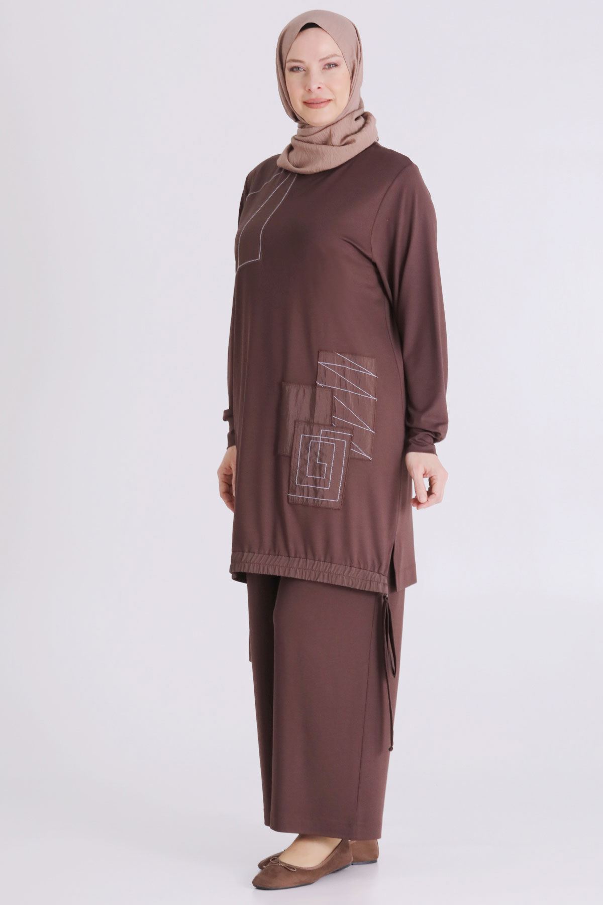 Büyük Beden Tesettür Pantolonlu Takım 3557 Kahve