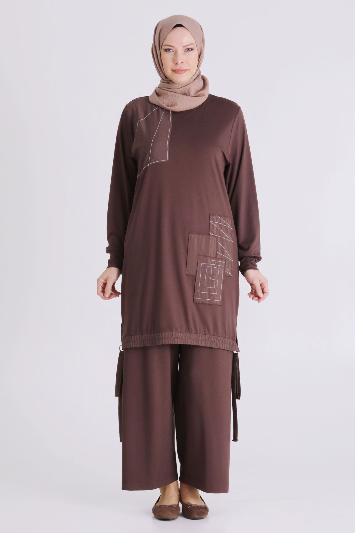 Büyük Beden Tesettür Pantolonlu Takım 3557 Kahve