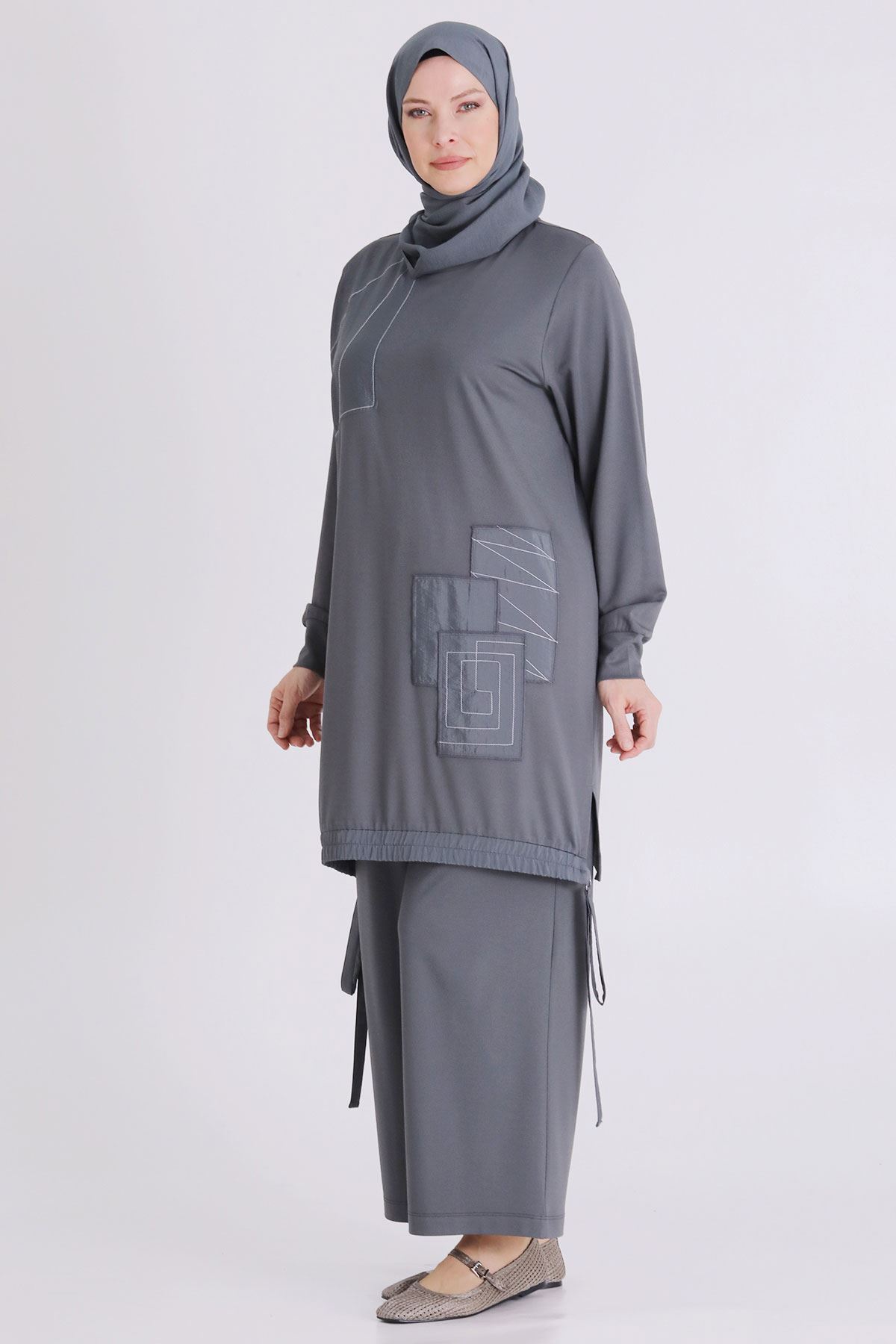 Büyük Beden Tesettür Pantolonlu Takım 3557 Kül Rengi