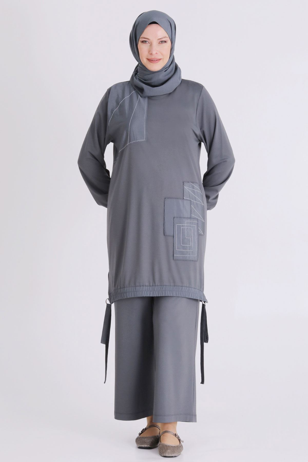 Büyük Beden Tesettür Pantolonlu Takım 3557 Kül Rengi