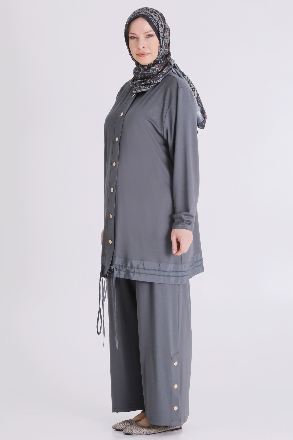 Büyük Beden Tesettür Pantolonlu Takım 3558 Kül Rengi