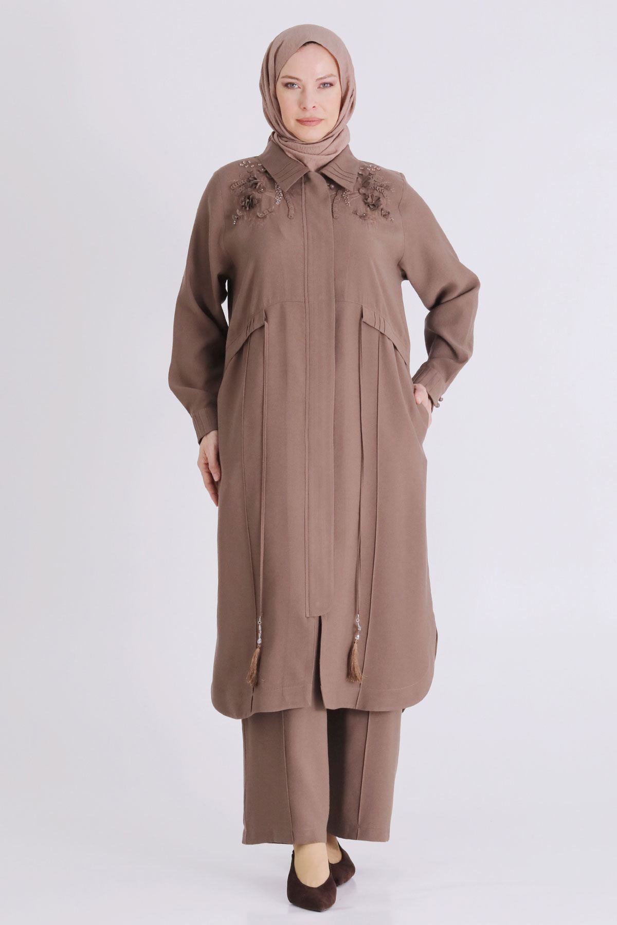 Büyük Beden Tesettür Pantolonlu Takım 35149 Fındık Kabuğu