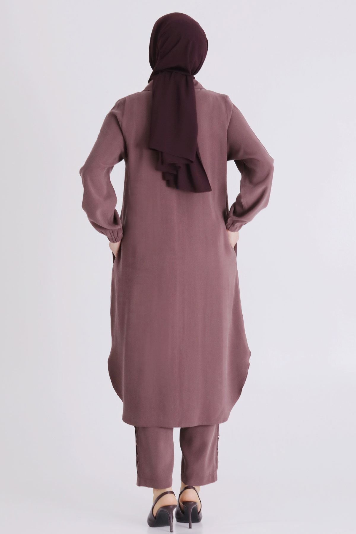 Büyük Beden Tesettür Pantolonlu Takım 35142 Soft Mürdüm