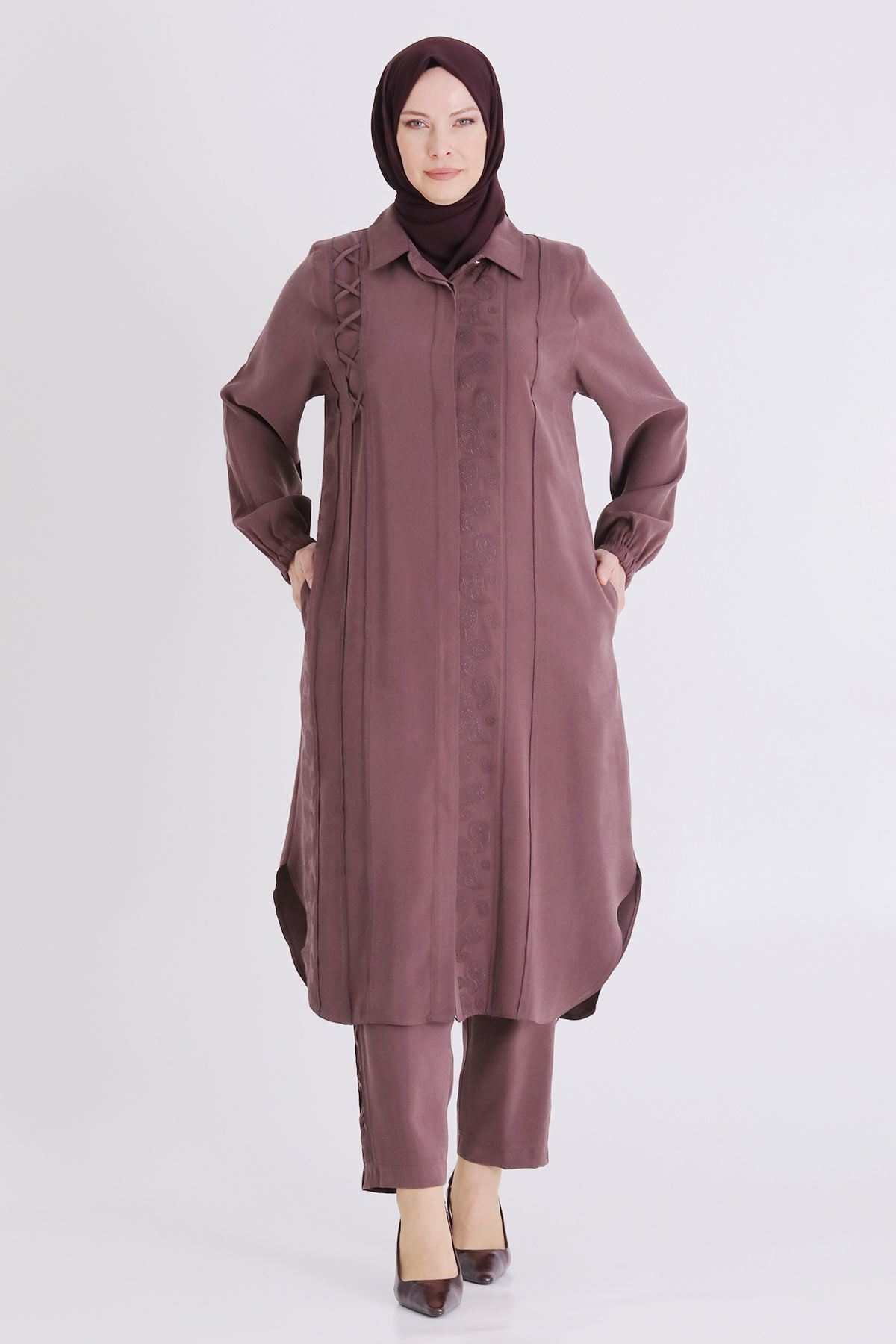 Büyük Beden Tesettür Pantolonlu Takım 35142 Soft Mürdüm