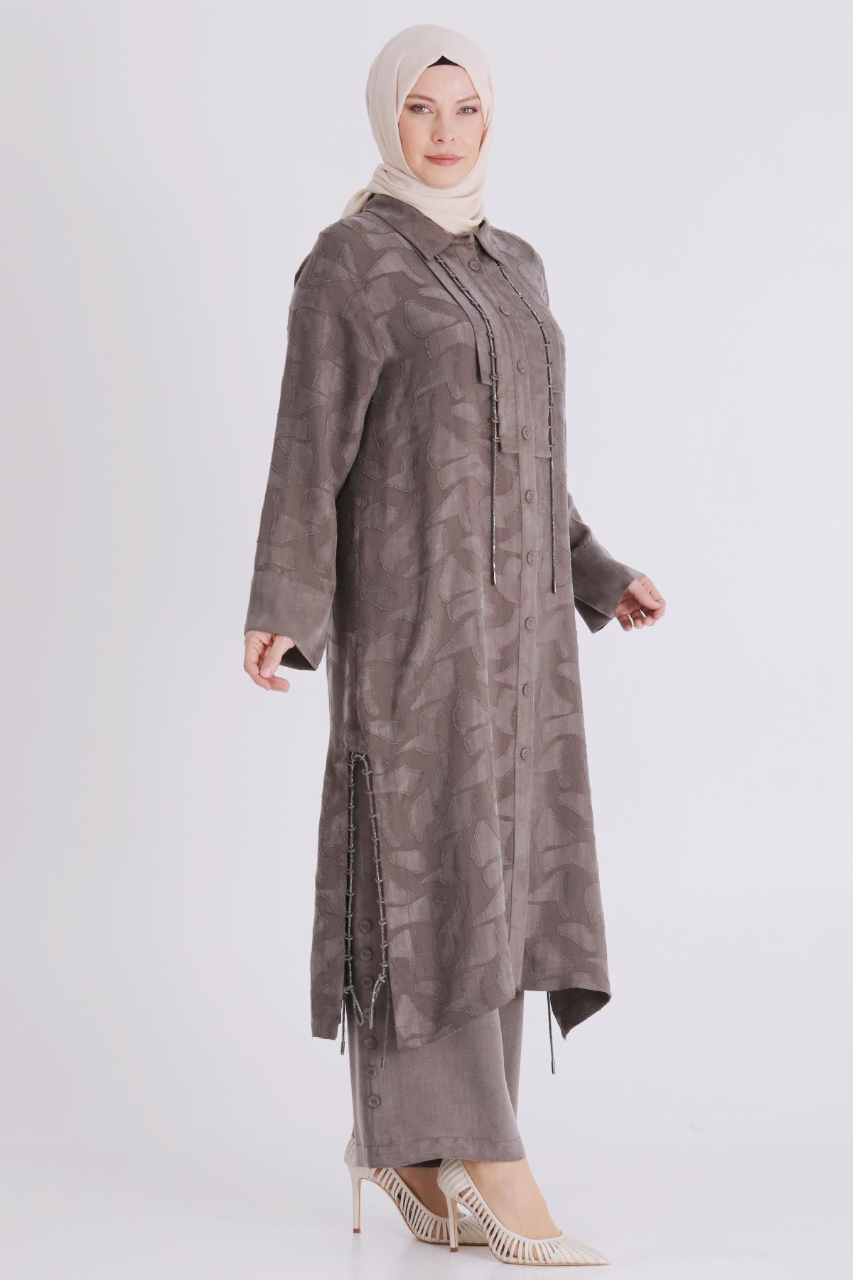 Büyük Beden Tesettür Pantolonlu Takım 35147 Koyu Vizon