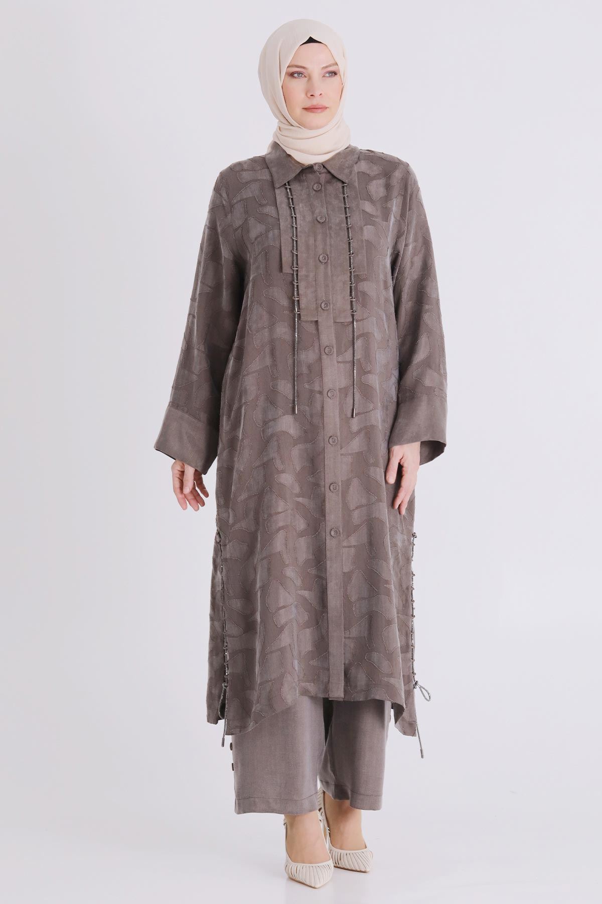 Büyük Beden Tesettür Pantolonlu Takım 35147 Koyu Vizon