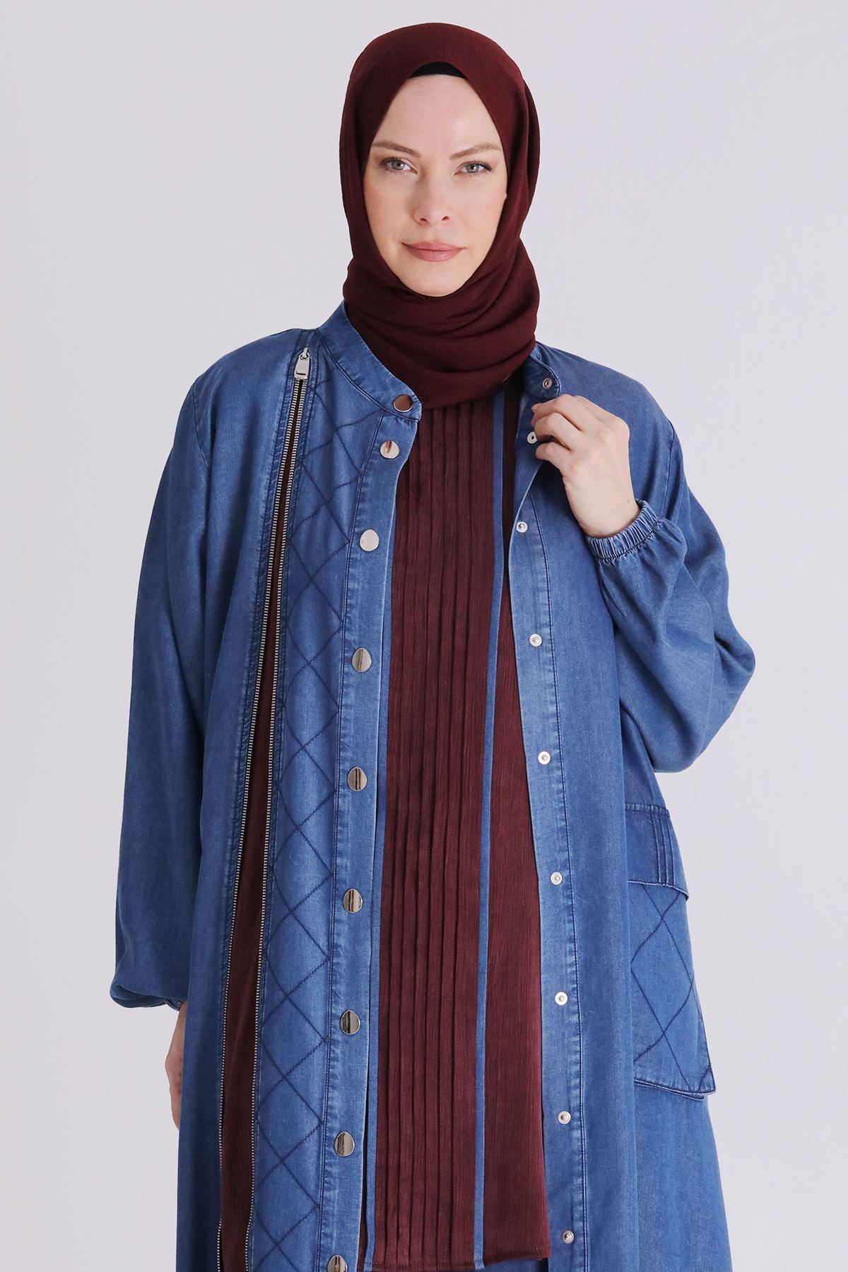 Büyük Beden Tesettür Pantolonlu Üçlü Tensel Takım 70020 Koyu Mavi