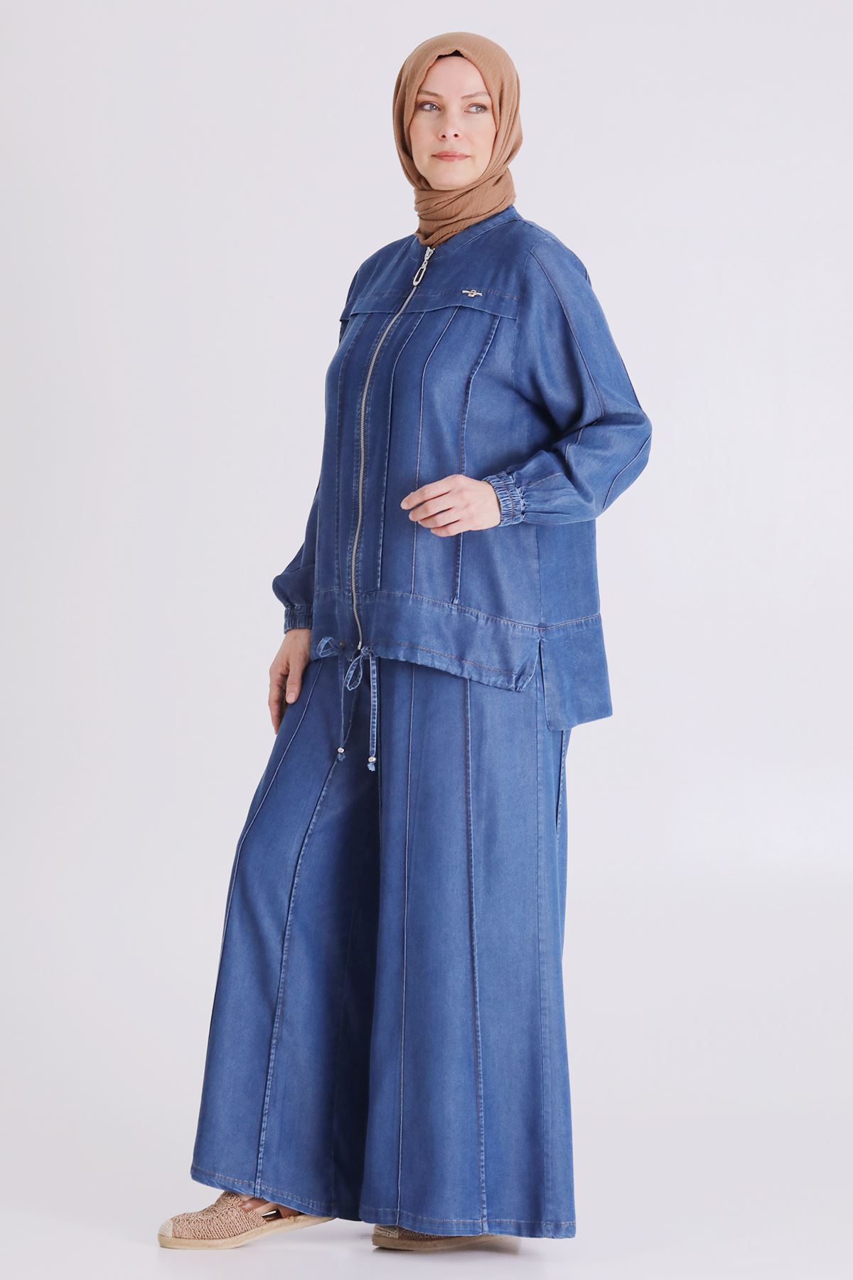 Büyük Beden Tesettür Pantolonlu Tensel Kot Takım 35141 Koyu Mavi