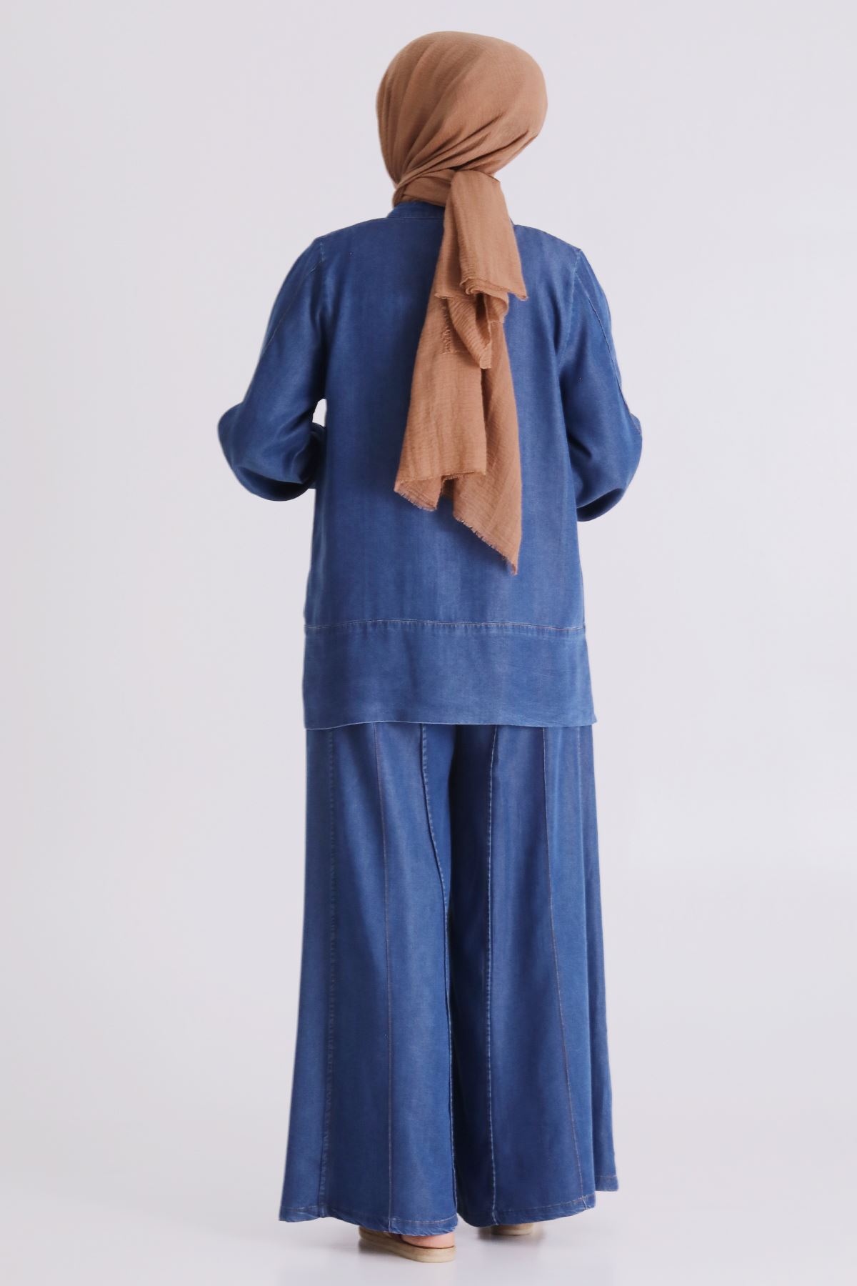 Büyük Beden Tesettür Pantolonlu Tensel Kot Takım 35141 Koyu Mavi