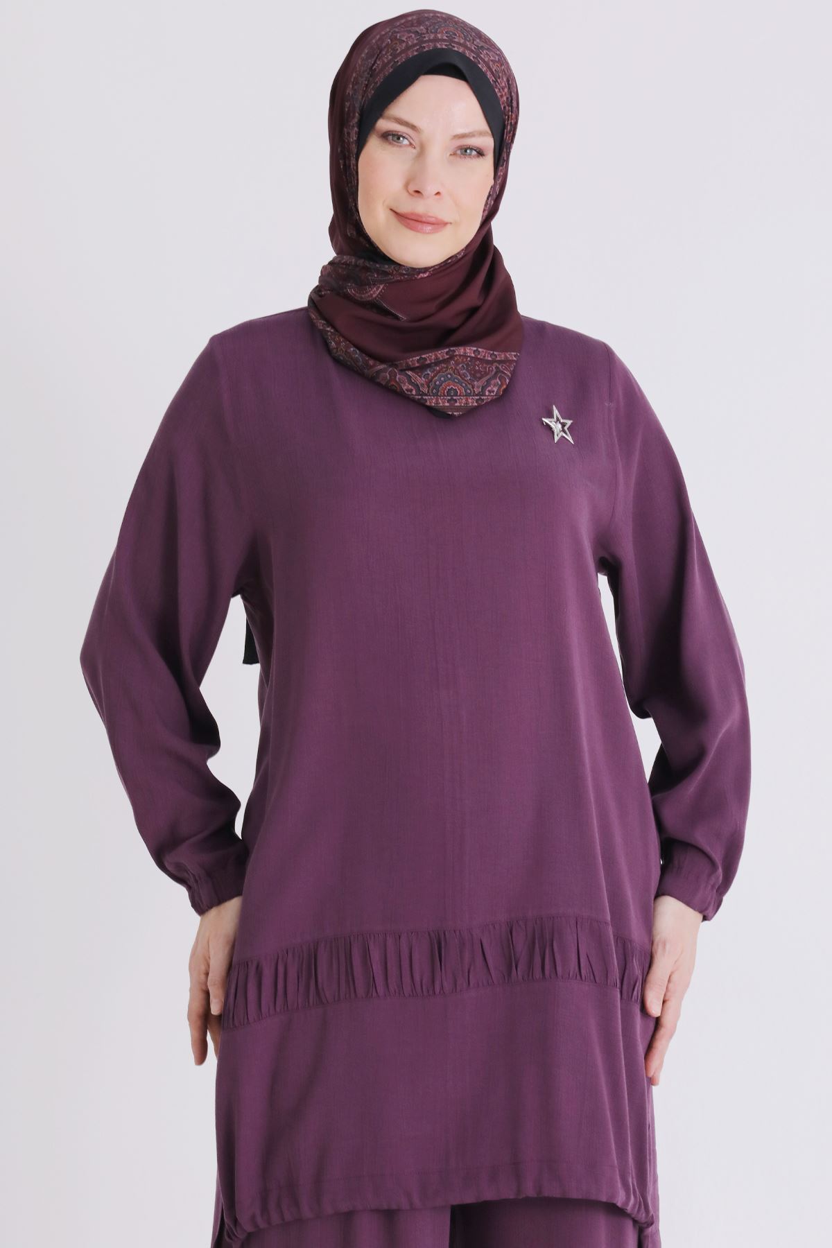 Büyük Beden Tesettür Pantolonlu Takım 3556 Vişne