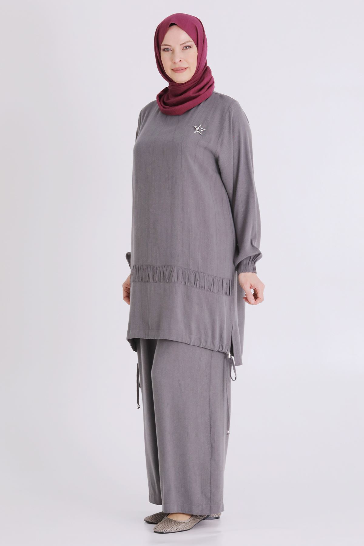 Büyük Beden Tesettür Pantolonlu Takım 3556 Duman Gri