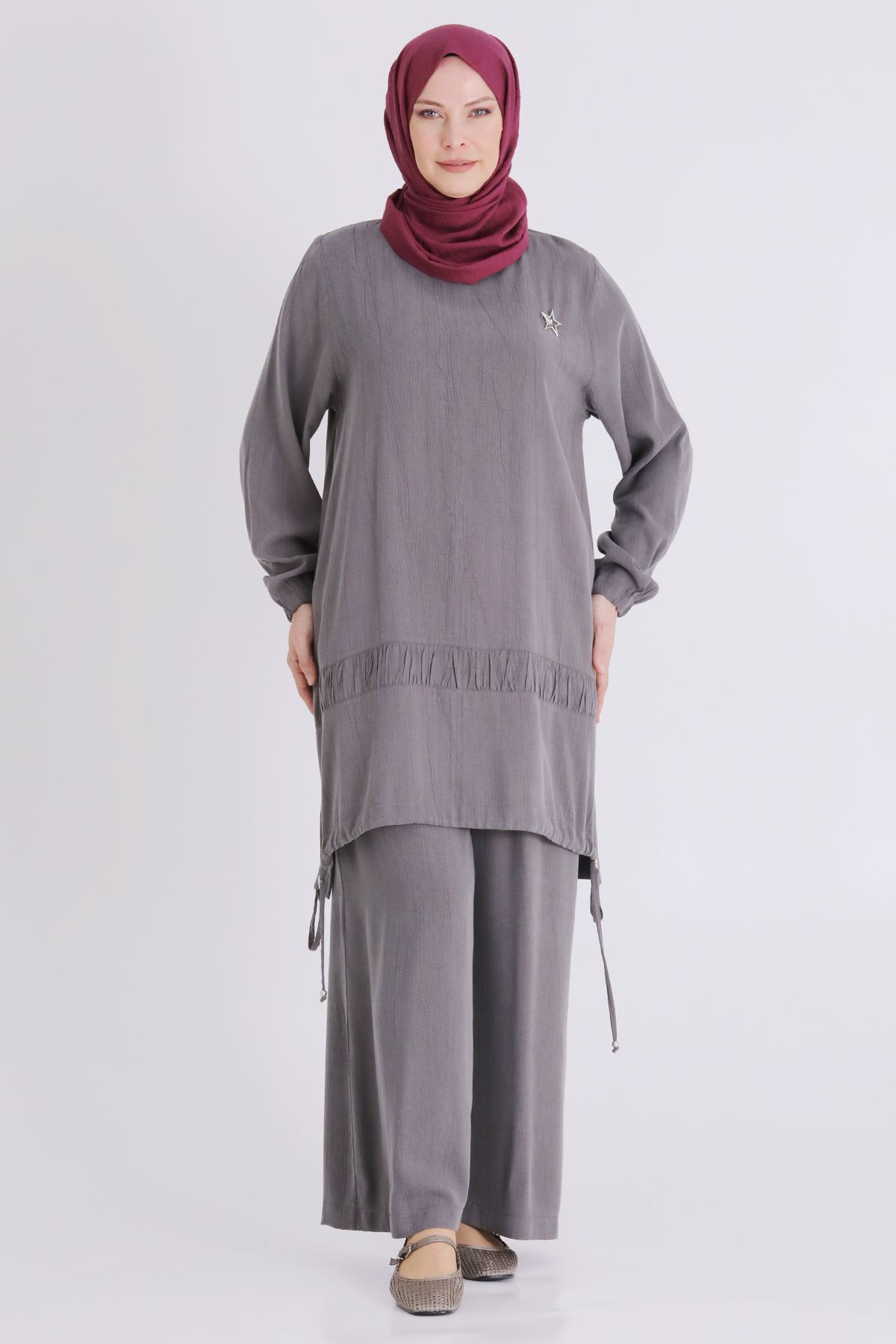 Büyük Beden Tesettür Pantolonlu Takım 3556 Duman Gri