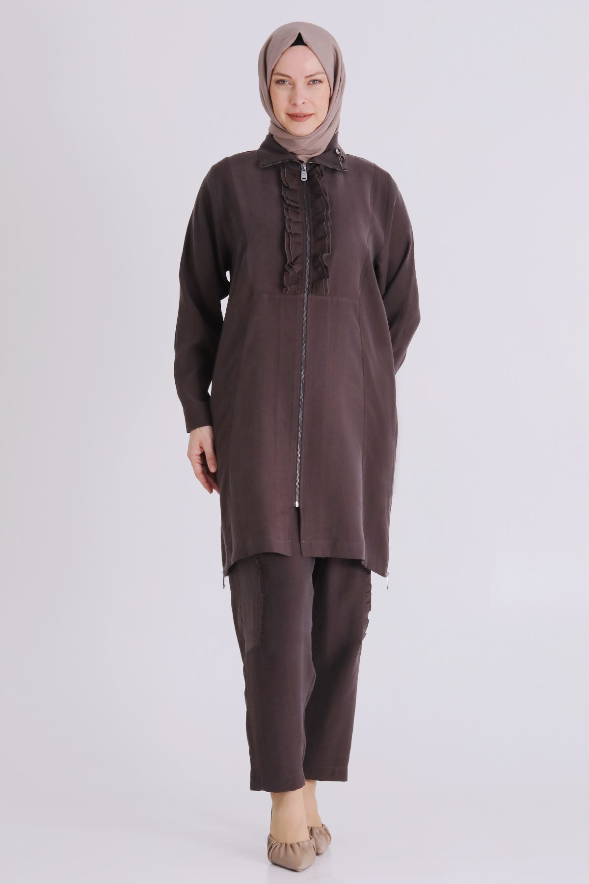 Büyük Beden Tesettür Pantolonlu Takım 35146 Kakao