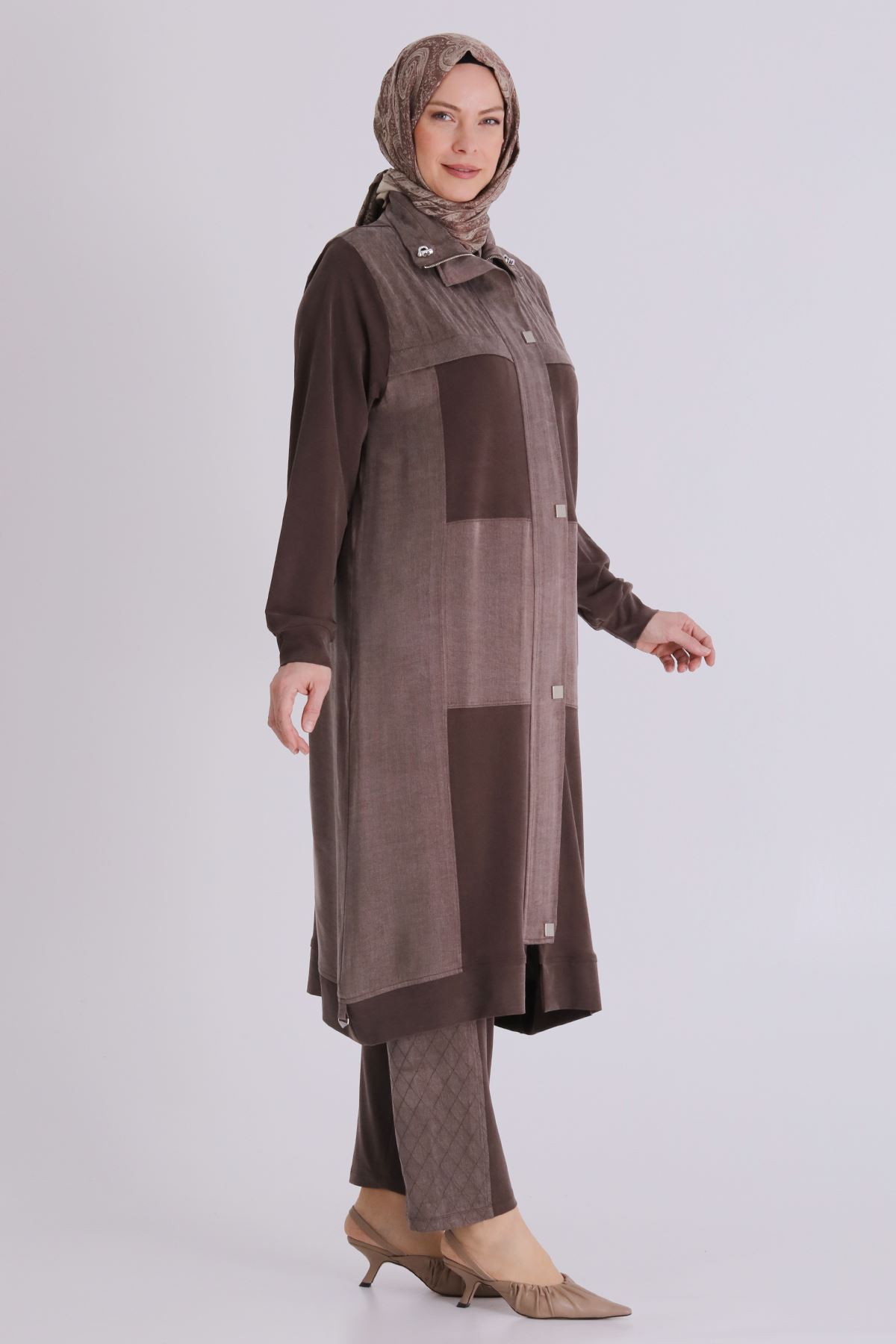 Büyük Beden Tesettür Pantolonlu Takım 35145 Kahve