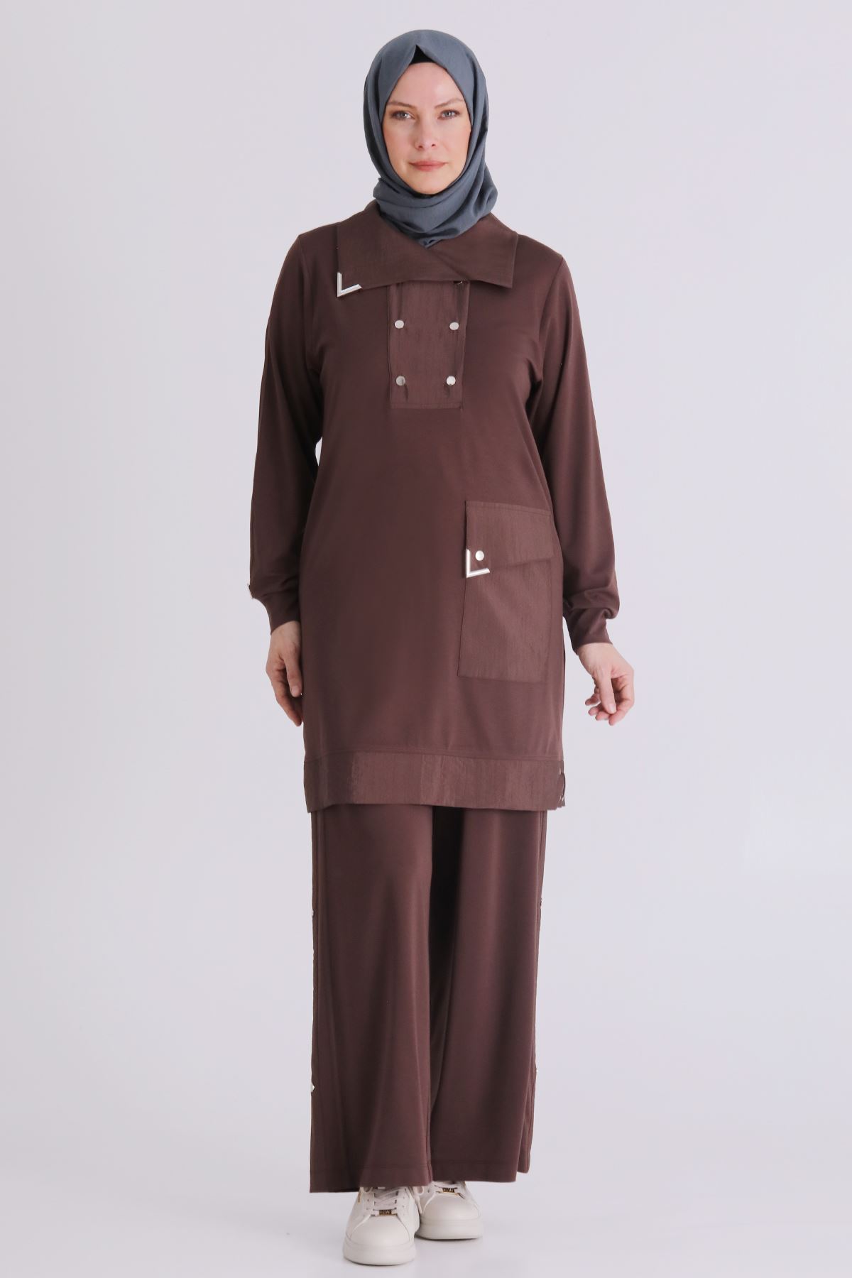 Büyük Beden Tesettür Pantolonlu Takım 35143 Kahve